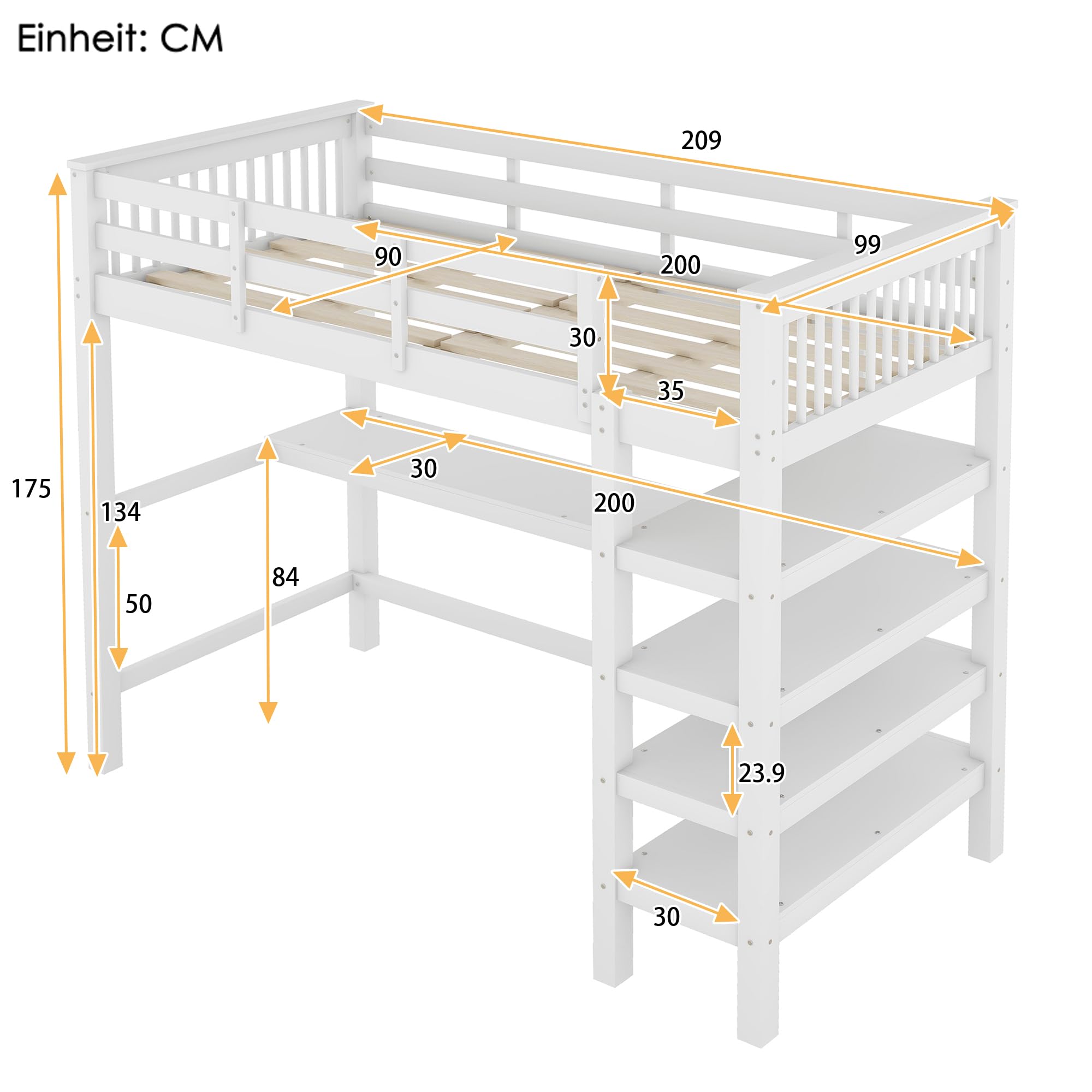 Letto a castello, letto a soppalco per bambini con rete a doghe in legno, con scale, ripiani e scrivania sotto il letto (bianco, 90 x 200 cm)