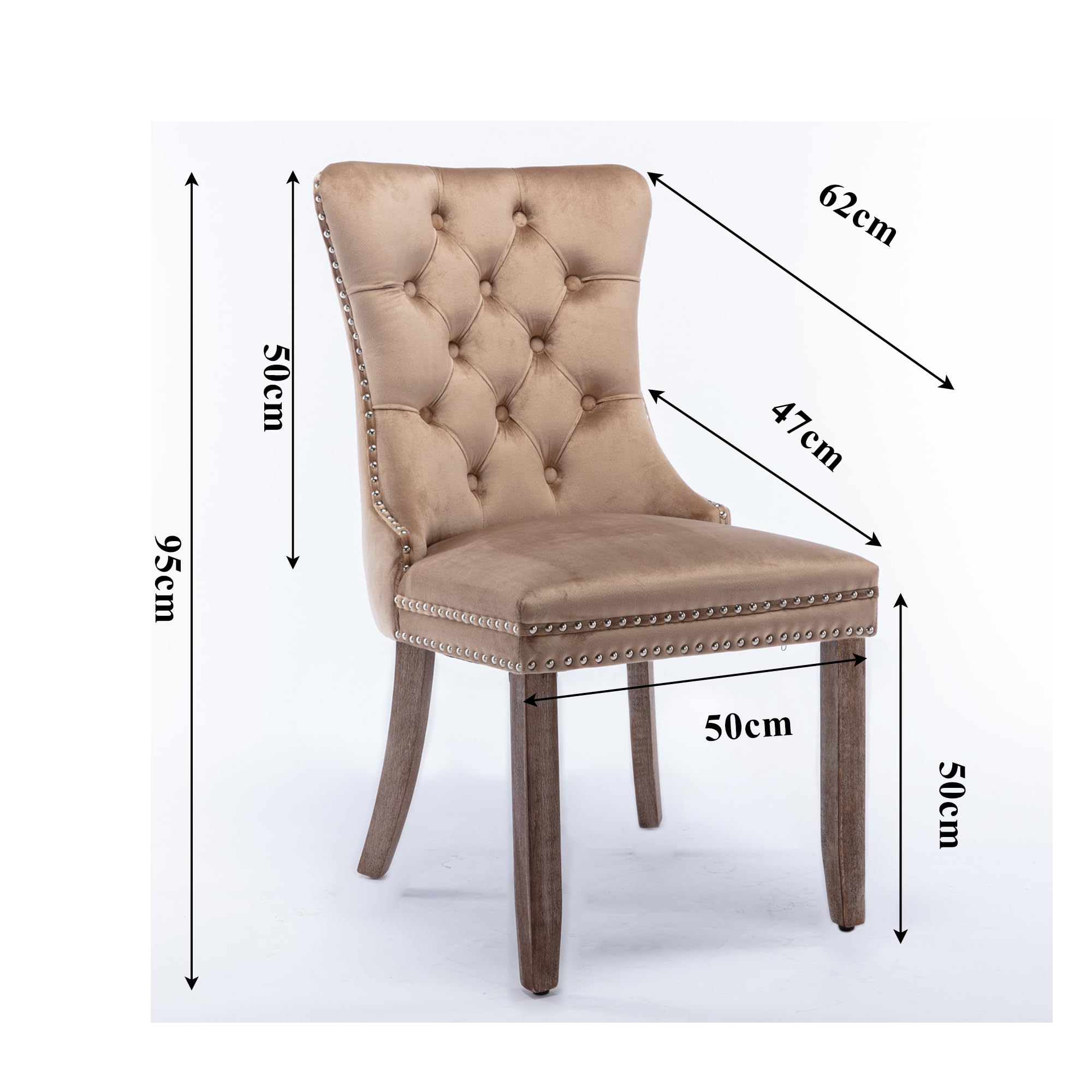 Lot de 4 Chaises de Salle à Manger, Chaise Salle a Manger Haut Dos en Velours, Chaise à Manger Rembourrée Douce avec Jambes en Bois, Décoration Rivets, Supporter Un Poids de 130kg, Khaki