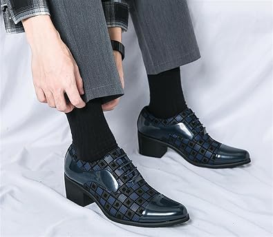 Men's Patterned Patent Leather Lace Up Chunky Heel Dress Oxford Shoes Comfortable Patckwork Cap Pointed Toe Derby Shoes for Party Wedding Formal Event Office Business Work