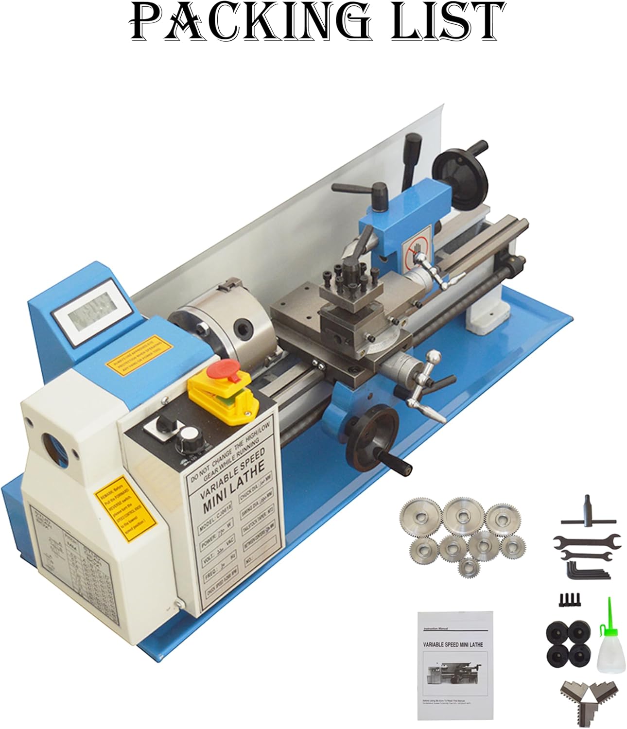 750W Teaching Metal Bench Lathe Machine 7 * 14 Inch for Milling Drilling Metal Working with Adjustable Speed Three-Jaw Chuck Metric Scale Emergency Stop Switch