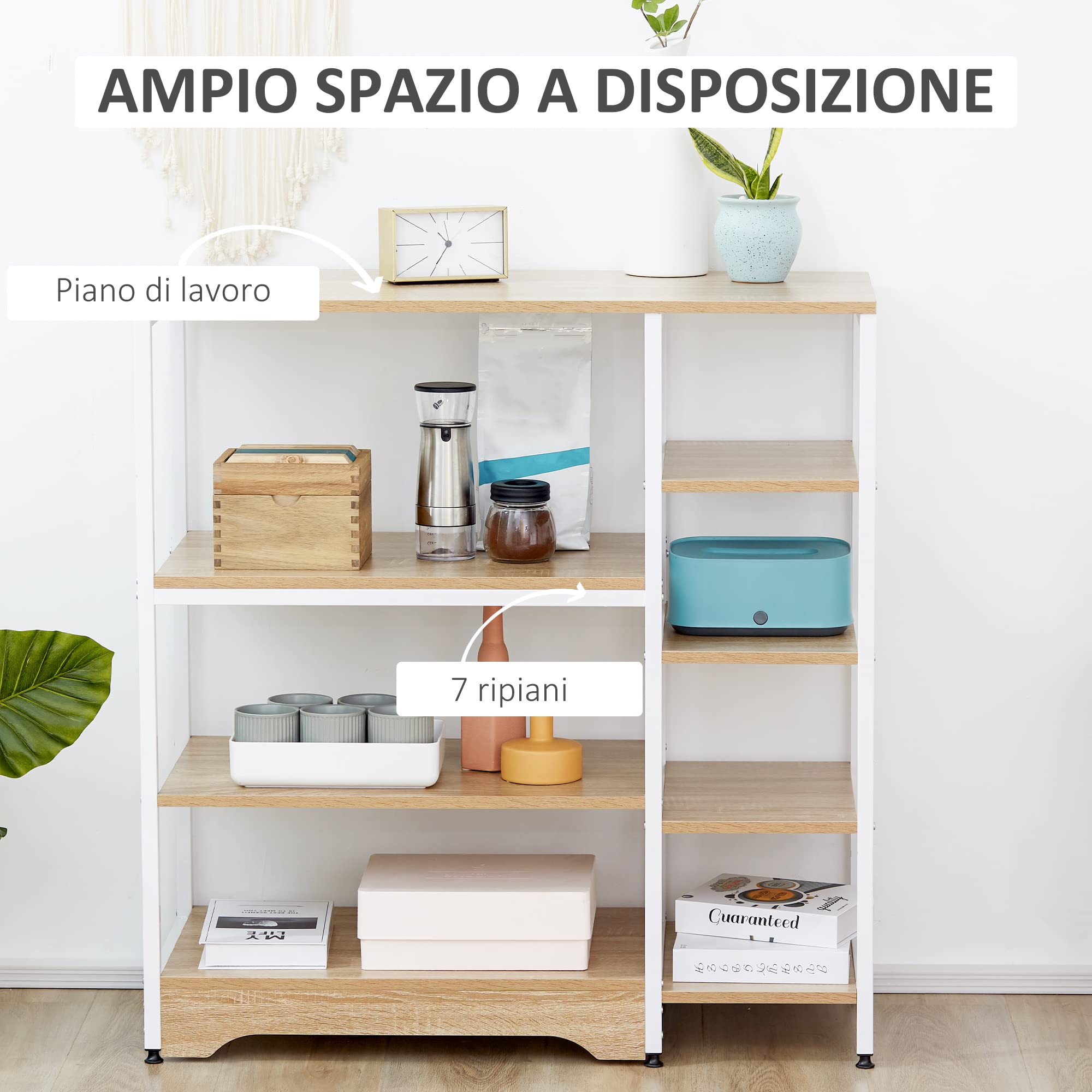 HOMCOM Scaffale da Cucina Basso Salvaspazio Stile Industriale, Mobiletto con 7 Ripiani per Cucina in Metallo e Legno, 90x40x95cm, Bianco