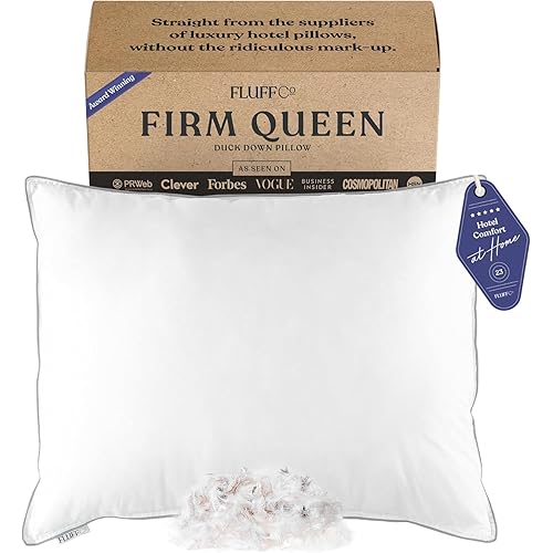 FluffCo Zen Fluff Down Standard/Queen Pillow with 600 Fill Power White Duck Down Stomach Sleeper Pillows - Luxury Hotel Quality 300 Thread Count - 100% Cotton Feather Pillows (Queen Size 1 Pack)