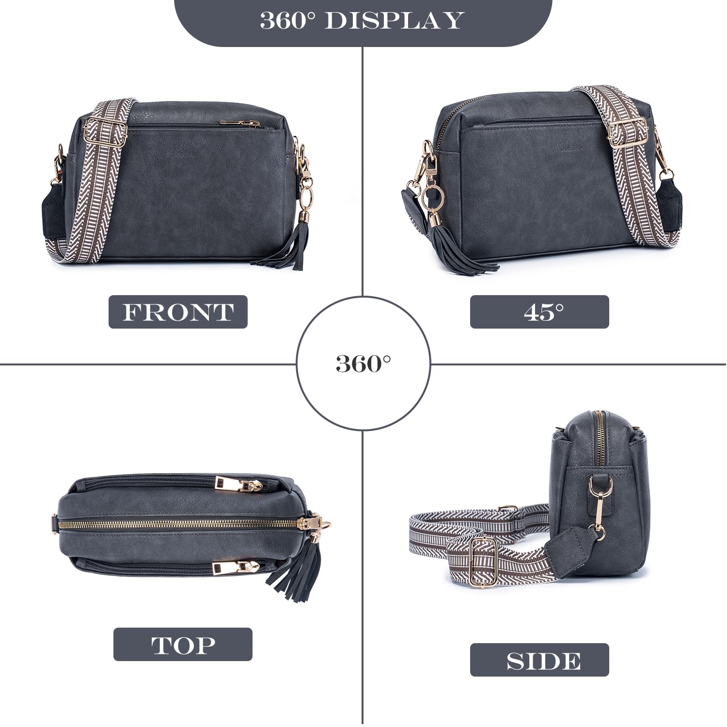 Roulens Piccola Borsa a Tracolla Donna con 3 Scomparti Capienti,Borsa Mano PU Pelle Messenger Crossbody Bag,Borsa a Spalla con Tracolla Ampia Regolabile e Rimovibile