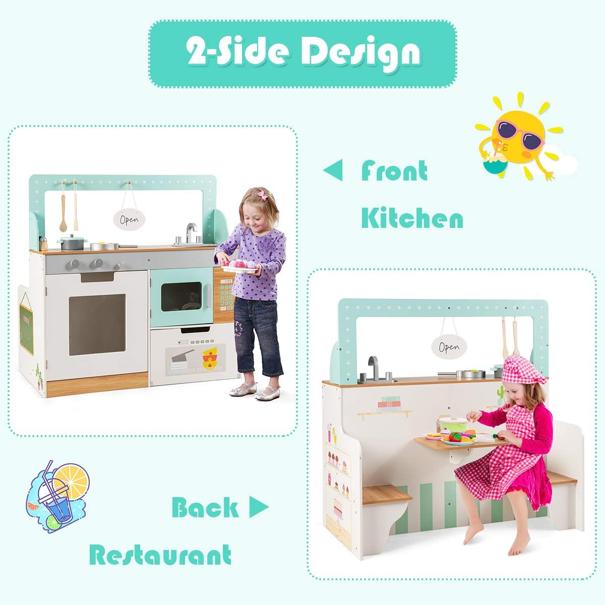 Costzon 2 in 1 Kids Play Kitchen and Restaurant, Double Sided Wooden Pretend Cooking Playset with Sink, Stove, Microwave, Oven and Storage Shelf, Simulation Cooking Toy Set for Toddlers (Green) : Toys & Games