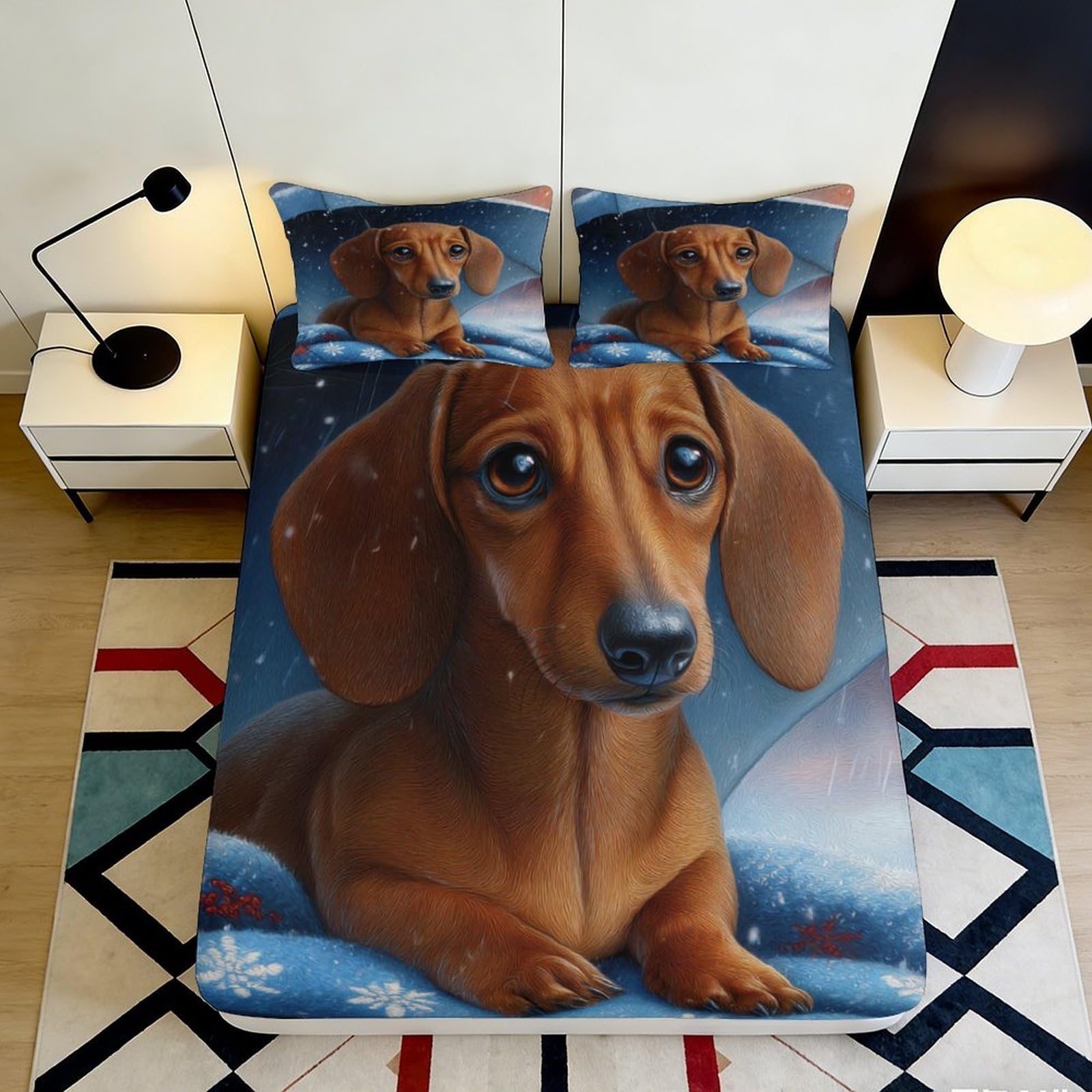 3D Printed Dachshund Dog Fitted Sheet Microfiber Soft Blue Snowy Winter Bed Cover for Bedroom Guest Dorm Decor 90x200x25cm