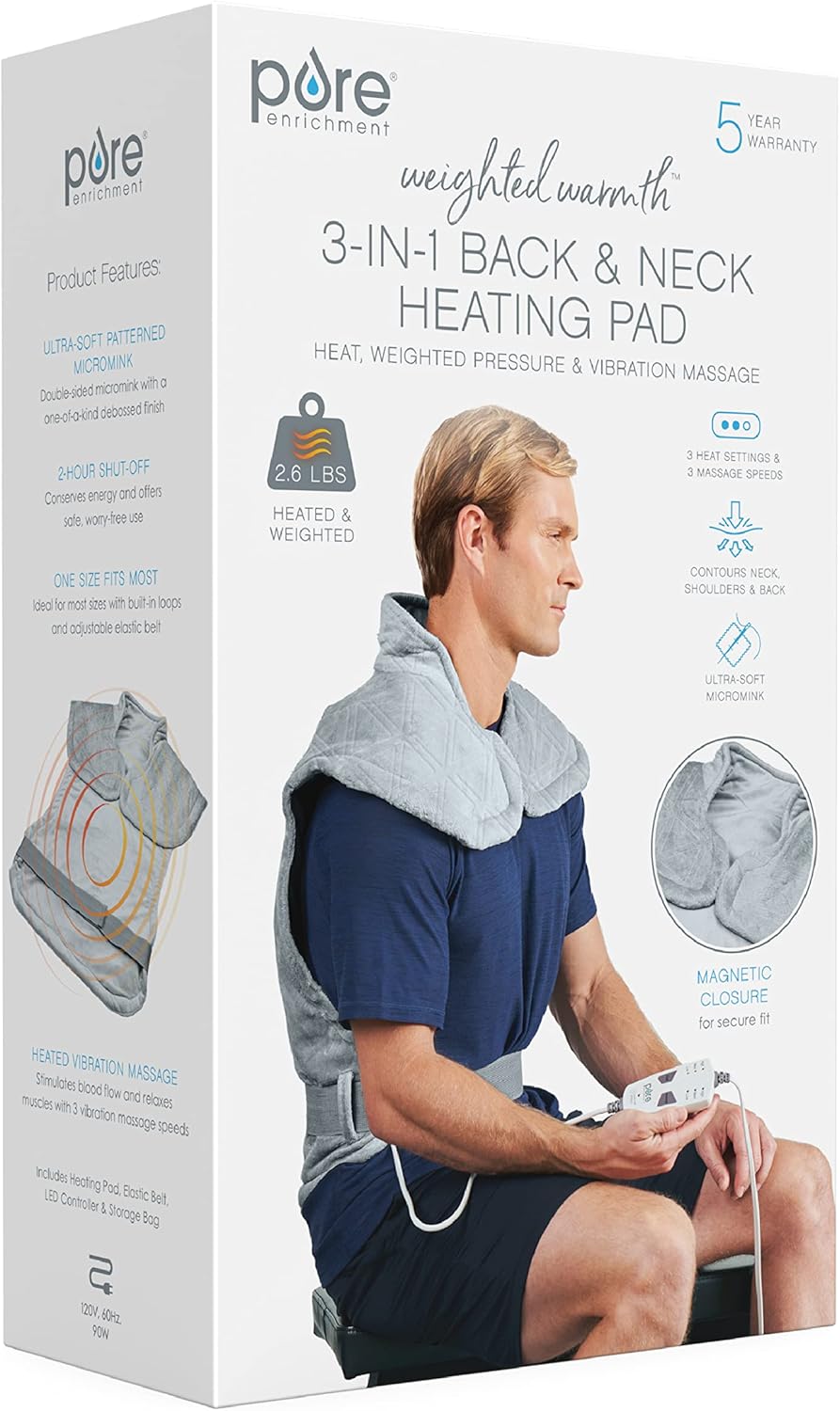 Pure Enrichment WeightedWarmth 3-in-1 Back & Neck Heating Pad - 3 Heat Settings, 3 Massage Speeds & 2.6 lbs of Weighted Pressure - 32” x 24” w/Plush Fabric & Dry/Moist Heat for Back Pain (Steel Gray)