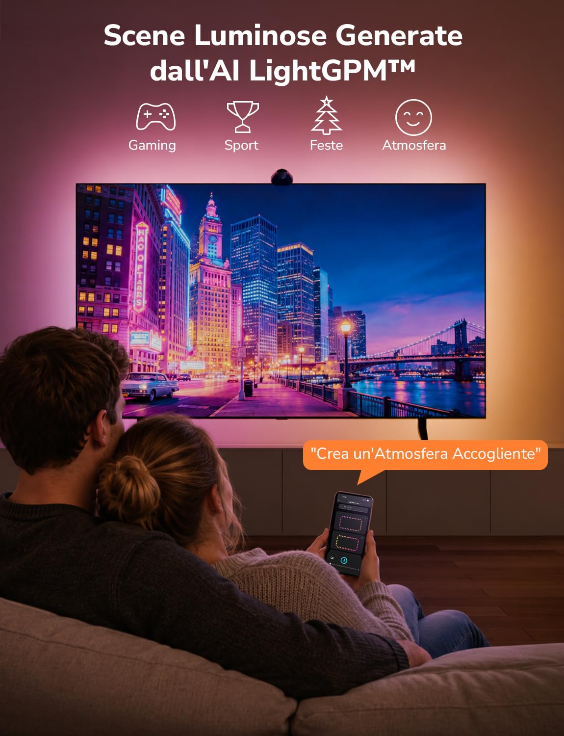 Lepro STV1 Smart Retroilluminazione TV LED 55-65 Pollici | Striscia LED TV con telecamera e sincronizzazione istantanea,Funziona con Alexa/Google Home
