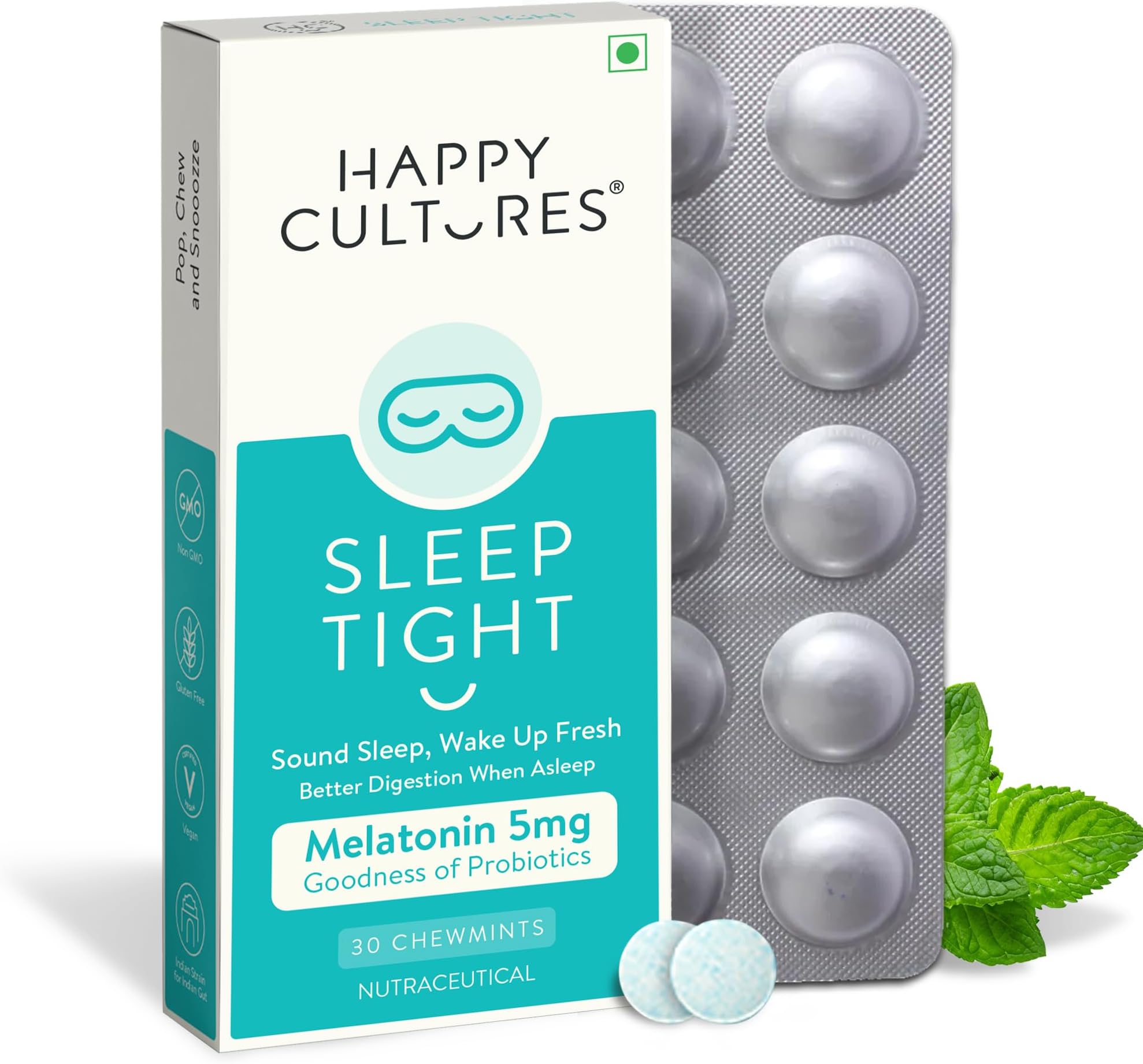 VELBIOM Happy Cultures Sleep Tight Melatonin 5Mg With Probiotic Sleep Deeper&Wake Up Refreshed Non Addictive,Natural,Clinically Tested,Natural Sleep Improves Digestion While Sleeping,30 Chewmints