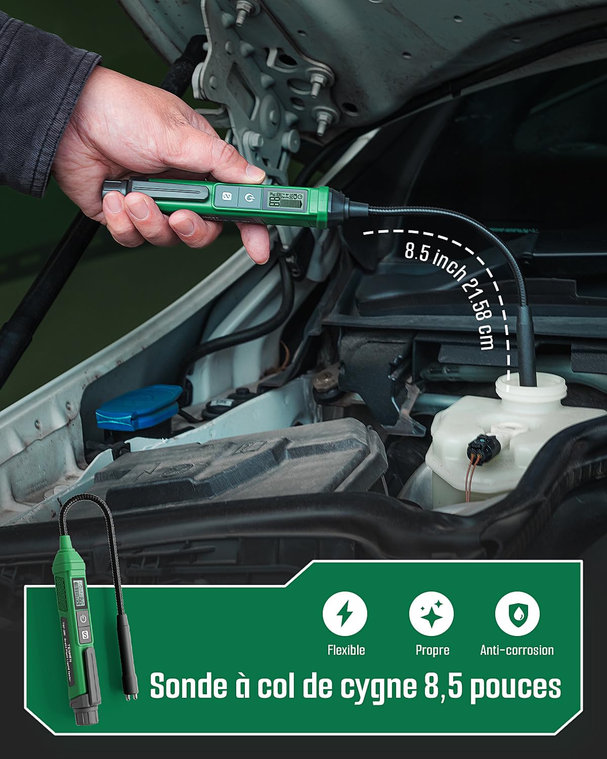 TESMEN TBF-200 Testeur de Liquide de Frein 8,5 Pouces, Sonde Flexible Résistante à la Corrosion, Haute Précision, Maintien des Données, Alarme 3 Couleurs pour DOT3, DOT4, DOT5.1 - Vert