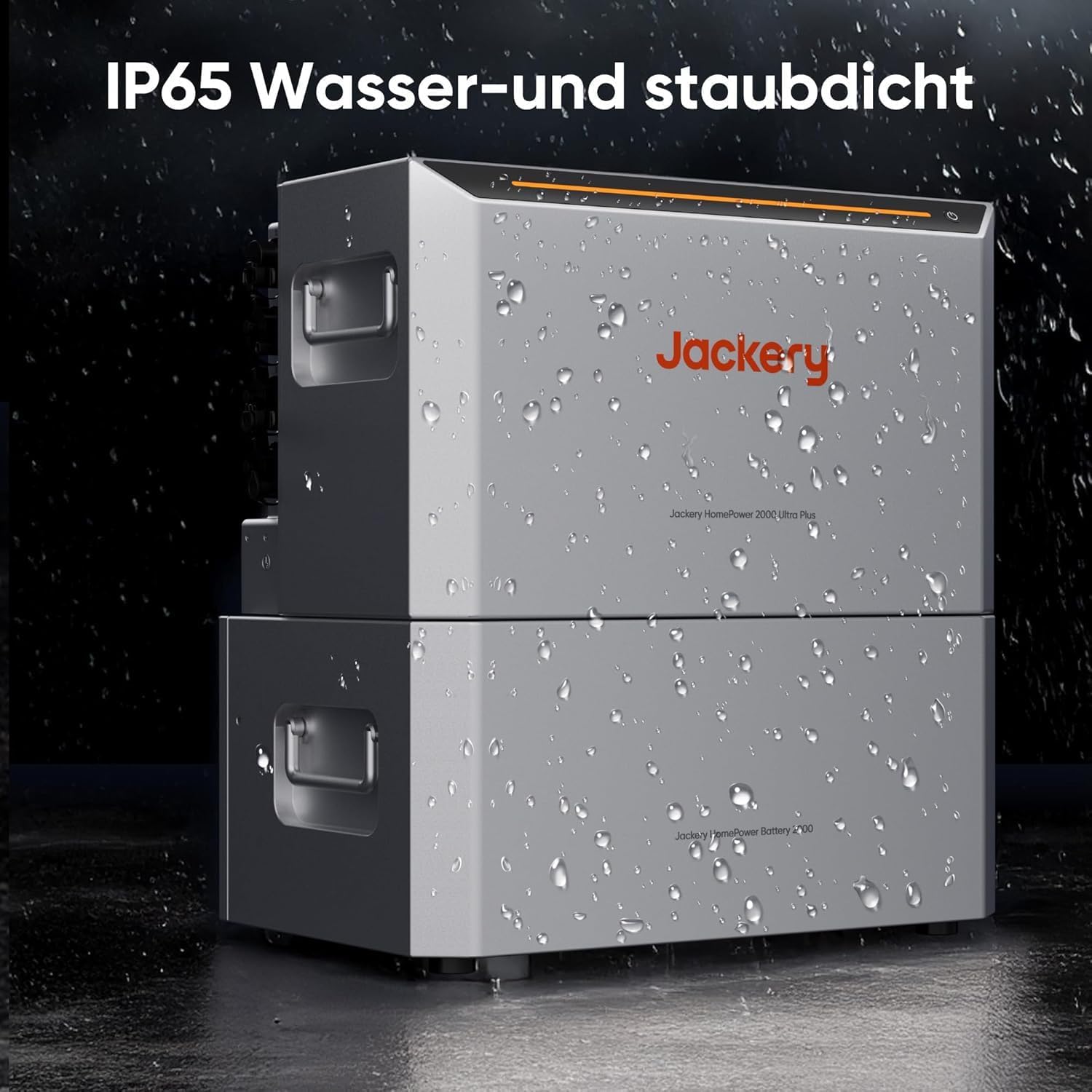 Jackery HomePower 2000 Ultra unit being sprayed with water, demonstrating its IP65 water and dust resistance.