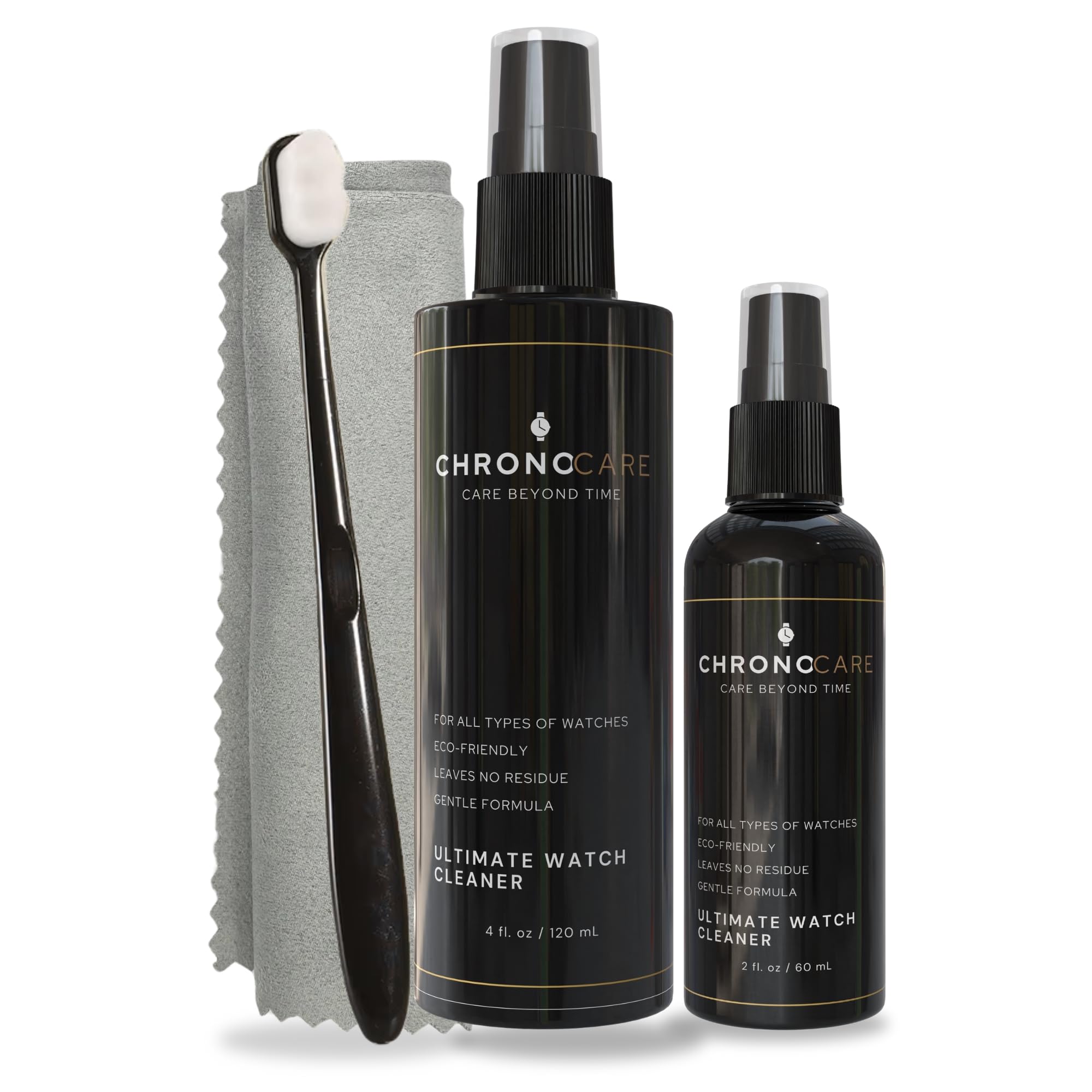 Luxuriöses Uhren-Reinigungsset inklusive Uhrenreiniger-Spray (113.4 g & 56.7 g), ultraweiches Mikrofaser-Handtuch & sanfte Borstenbürste - Geeignet für verschiedene Materialien