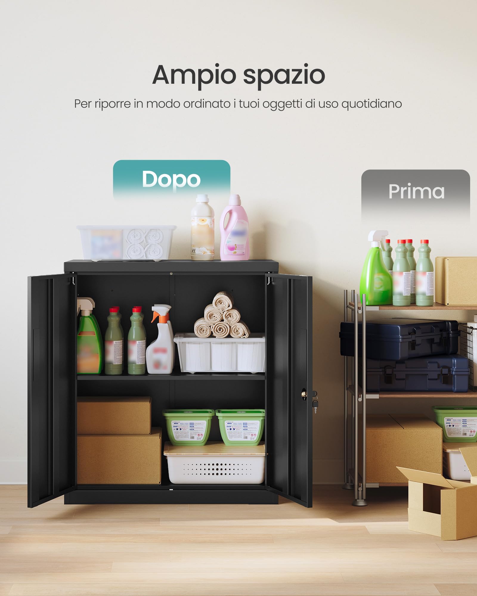 SONGMICS Armadio Portadocumenti, Armadietto in Metallo, Mobile da Ufficio con Chiusura, 2 Ante, Acciaio, 80 x 40 x 90 cm, Ripiano Regolabile, Nero Opaco OMC019BD01