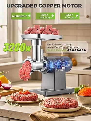 Miniatura 6 de Picadora de carne eléctrica de 3200 W, multifuncional, máquina picadora con hoja de corte, 3 placas de molienda, 3 rellenos de salchichas, kit de