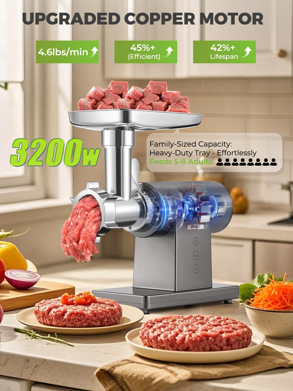 Picadora de carne eléctrica de 3200 W, multifuncional, máquina picadora con hoja de corte, 3 placas de molienda, 3 rellenos de salchichas, kit de Kubbe, exprimidor, rallador de queso, 6