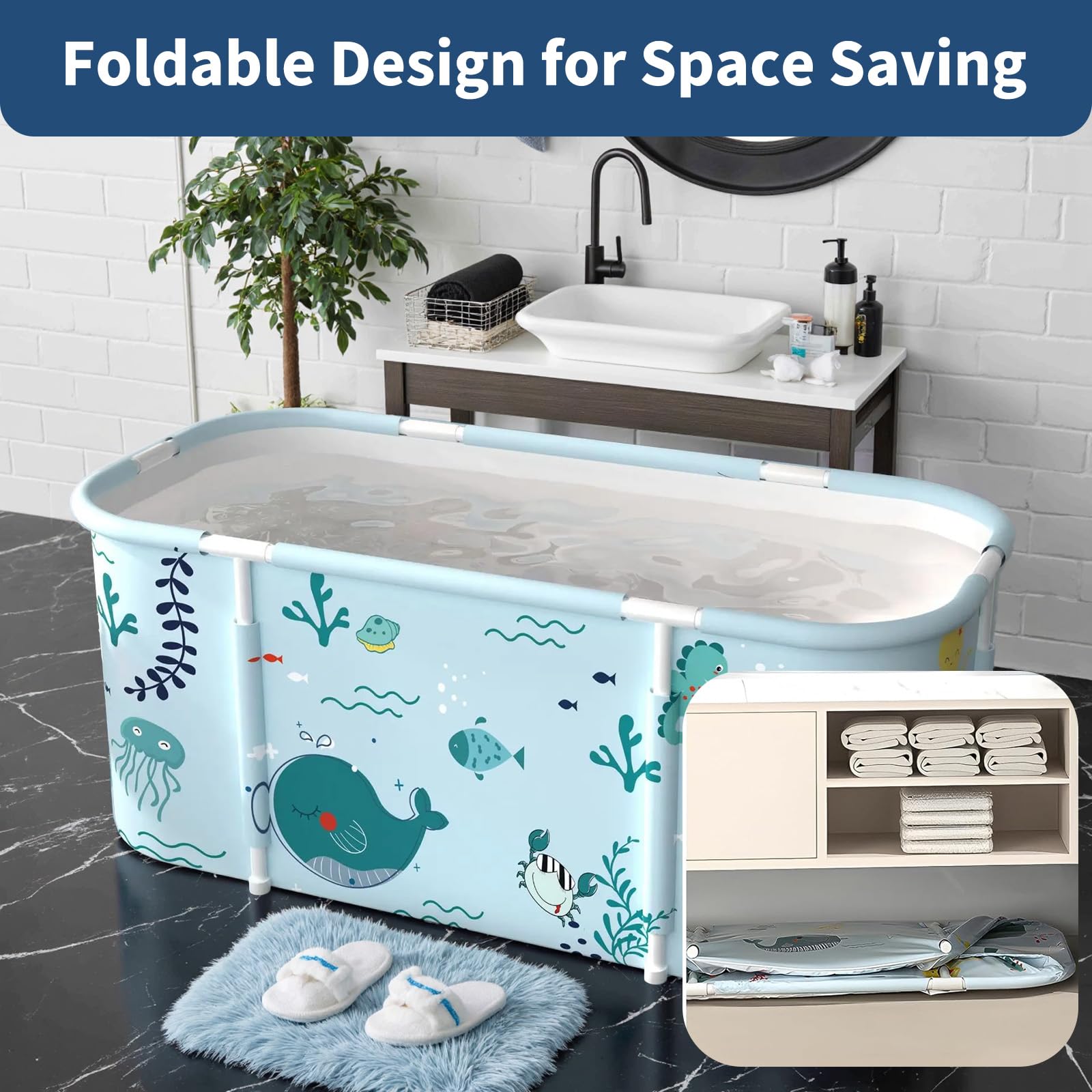 SOONHUA Bañera portátil plegable para adultos y bañera de pie con cojines para interiores y exteriores, spa caliente, baño de hielo, 140 x 55 x 50 cm
