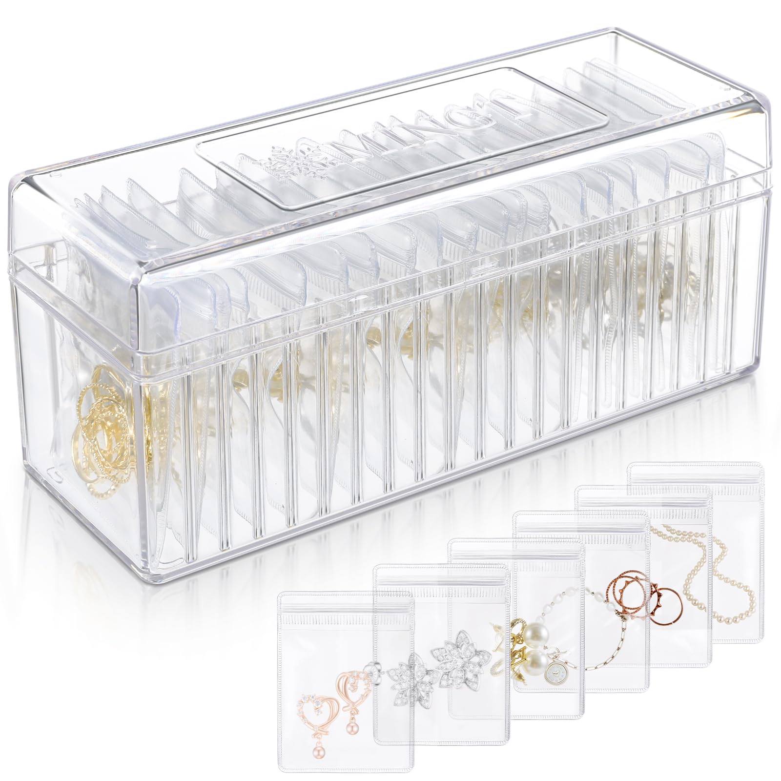 Keshoyal Acrylic Jewelry Organizer, Clear Acrylic Jewelry Box Organizer With 20 Portable Anti Tarnish Jewelry Bags, Clear Earring Storage Organizer For Rings/Necklaces For Women Girls