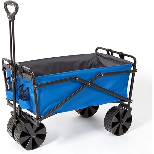 Seina Heavy Duty Steel Collapsible Folding Outdoor Portable Utility Cart Wagon with All Terrain Plastic Wheels and 150 Pound Capacity, Blue/Gray