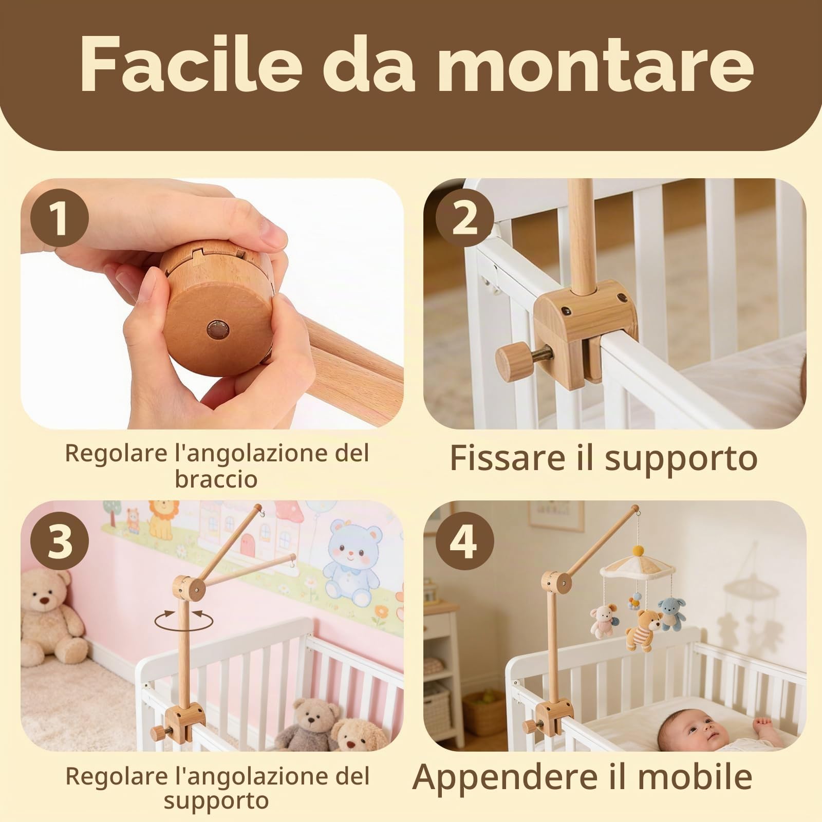 Supporto Regolabile in Legno per Lettino, Supporto Mobile per Culla Neonato, Gancio Rimovibile Giostrina, Altezza Regolabile, Adatto Cameretta Bambini e Fasciatoio, Decorazione Giocattoli
