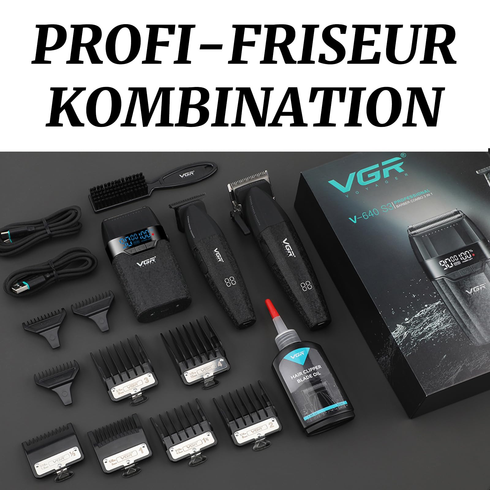 VGR 640 S3 3 IN 1 Haarschneidemaschine für Herren, Profi Haarschneider Haartrimmer und Folienrasierer Set, Kabellose Friseur Set mit LED-Anzeige für den Friseur- und Heimgebrauch, Schwarz