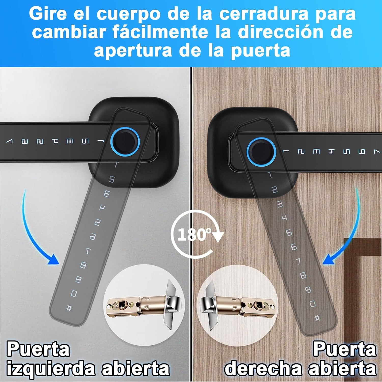 Diagram illustrating how to rotate the lock body 180 degrees to change the door opening direction for left or right doors.