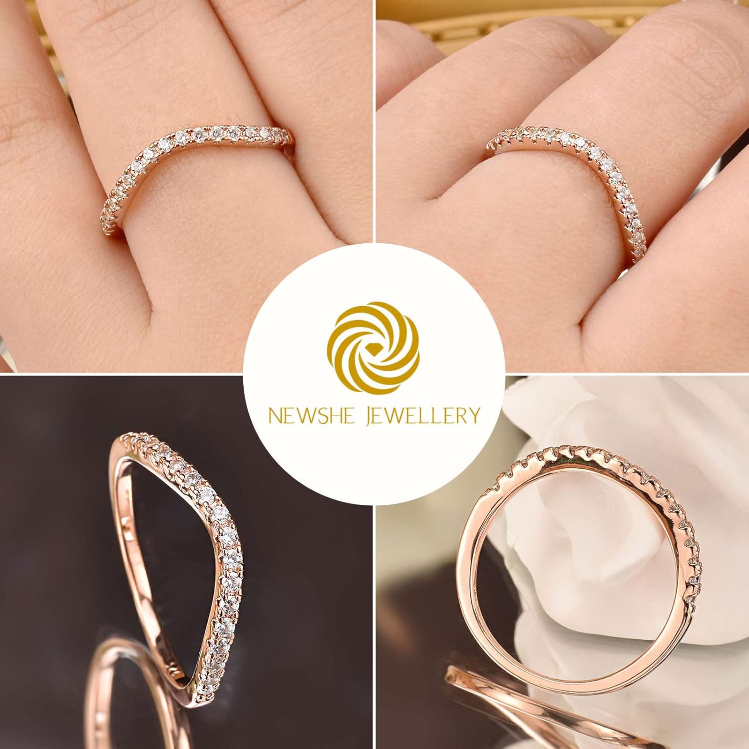 Newshe Jewellery Curved Wedding Bands for Women Cz Stacking 925 Sterling Silver Eternity Rings Wishbone Size 4-13 - Image 5