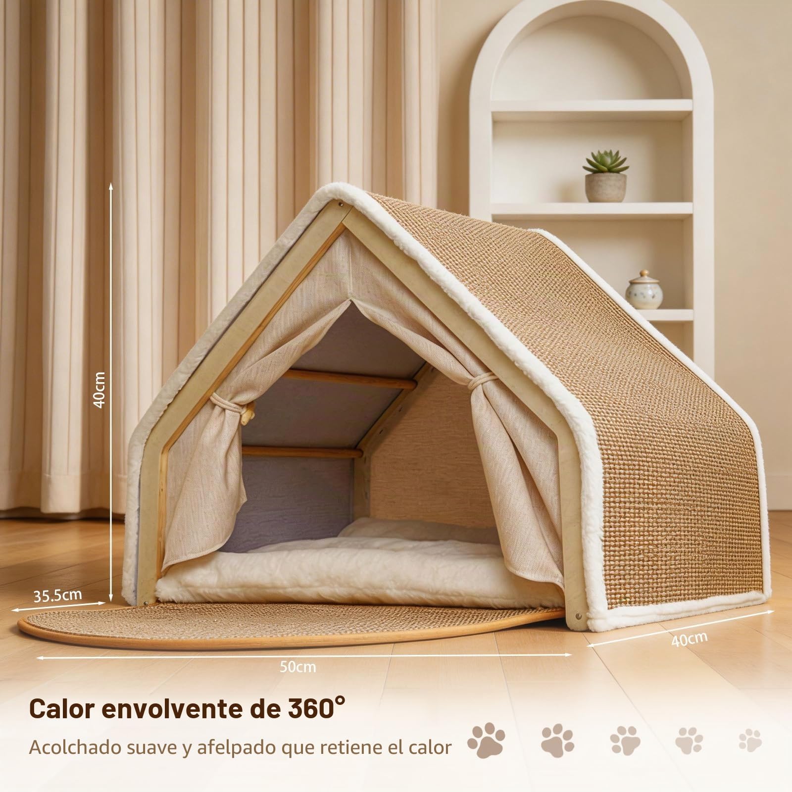 Casa para Gatos de Interior con Rascador de Sisal, Cama Gatos 2 en 1 | con Estructura de Madera, Cueva para Gatos con Cojín y Alfombrilla Rascadora, Tienda de Campaña para Gatitos
