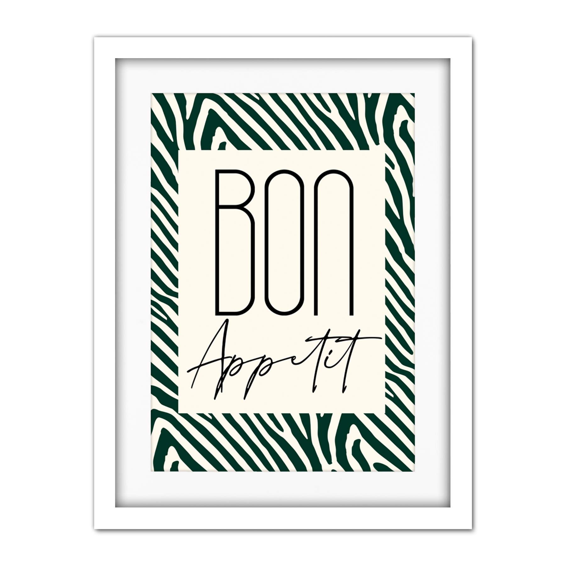 Wee Blue Coo Kitchen Zebra Bon Appetit Typography Artwork Framed Wall Art Print 18X24 Inch