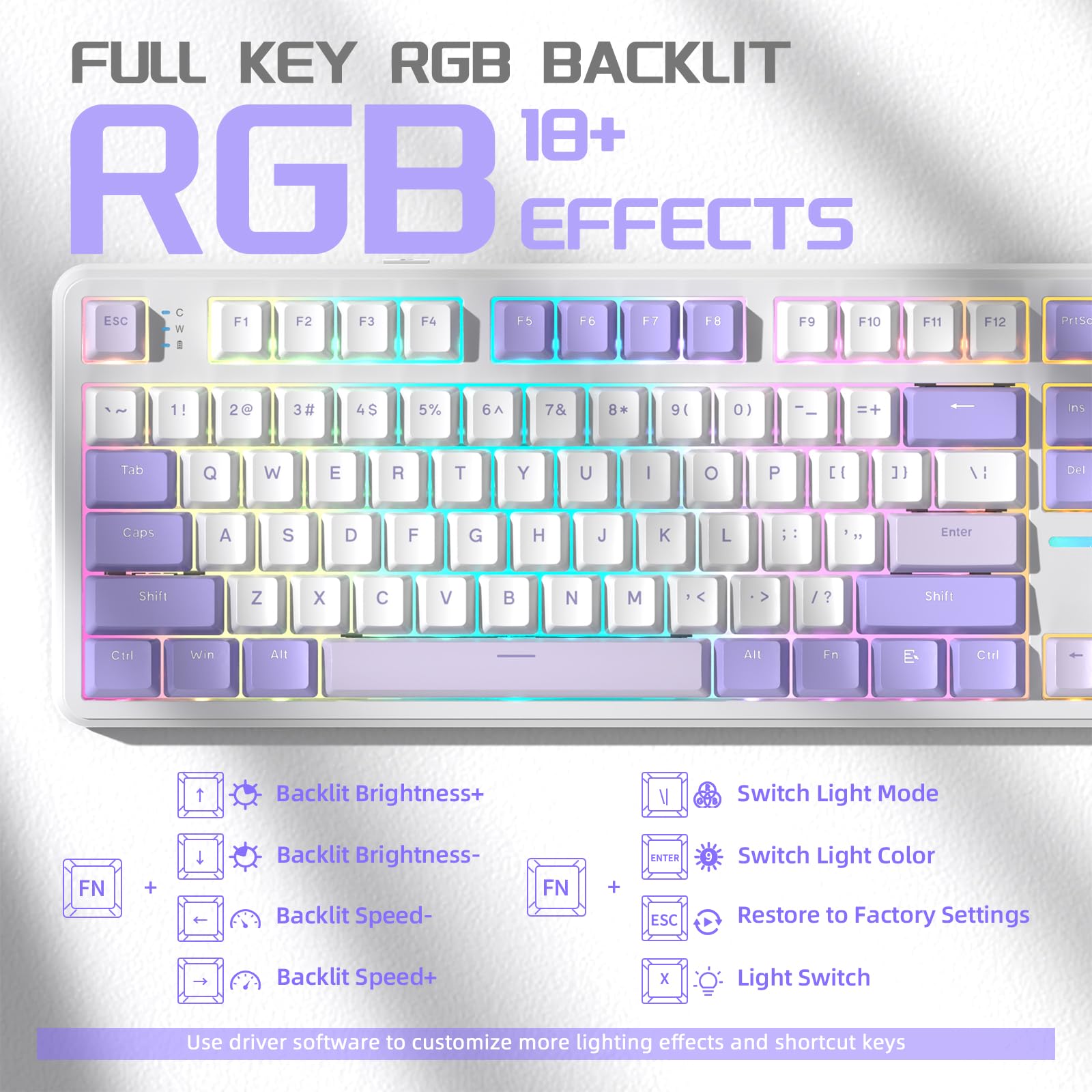 LexonElec X Attack Shark X87 Kabellose Gaming-Tastatur, Tri-Modus-BT/2.4G/Verkabelt, Hot-Swap-fähig, Linearschalter, 87 Tasten PBT-Tastenkappe, Dichtung Struktur, RGB-Tastatur(Lila)