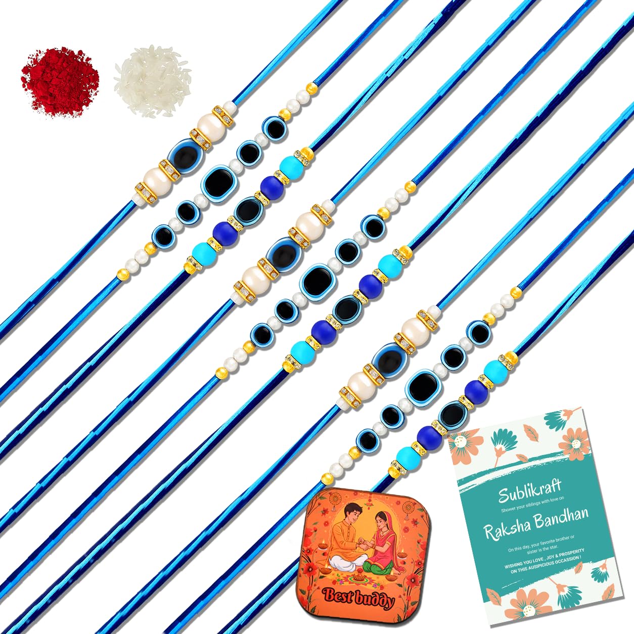 RENOVELIX Set of 9 Evil Eye Rakhi for Brother with Roli Chawal, 1 Printed Fridge Magnet & Greeting Card Combo Pack | Rakshabandhan Gift Hamper for Bhaiya & Family (Blue)-image-20