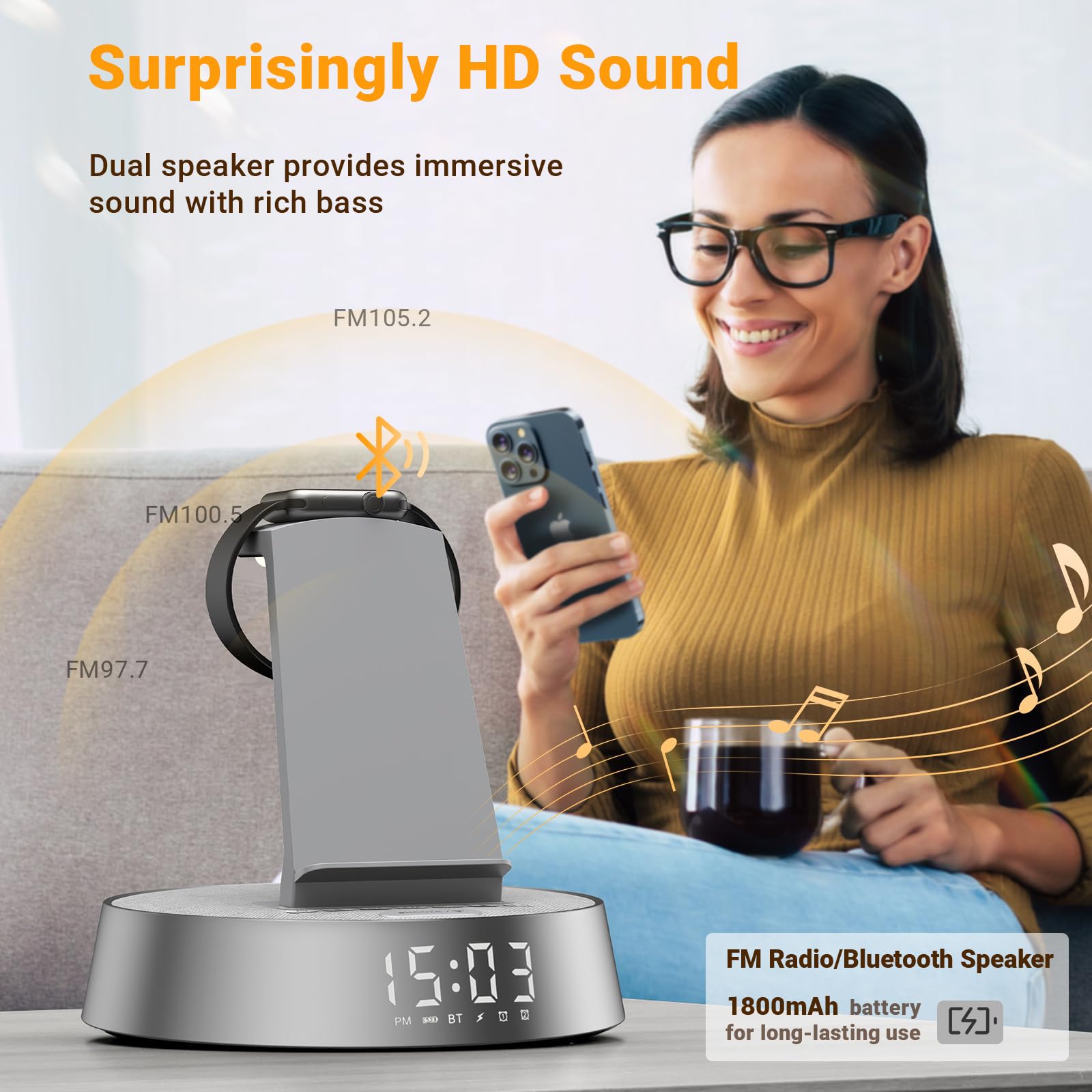 COLSUR Cargador inalámbrico para radio despertador i Phone con altavoz