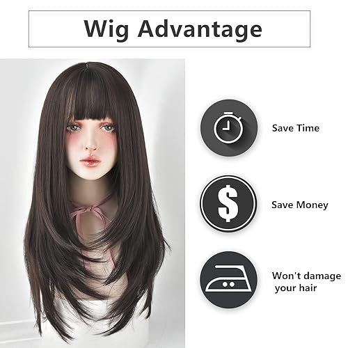 Miniatura 6 de 7JHH WIGS - Peluca de cabello sintético largo y liso con flequillo para mujer, aspecto natural (22pulgadas, té negro)