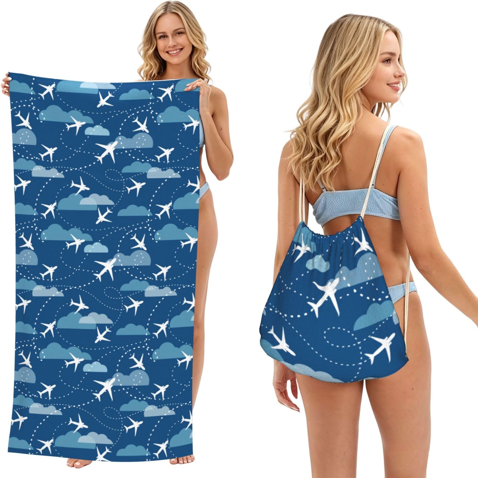 Noble Ren Airplane Aircraft Plane Pattern 2 In 1 Packable Towel Bag Beach Backpack Unisex Suitable For Travel Picnic Vacation And Camping