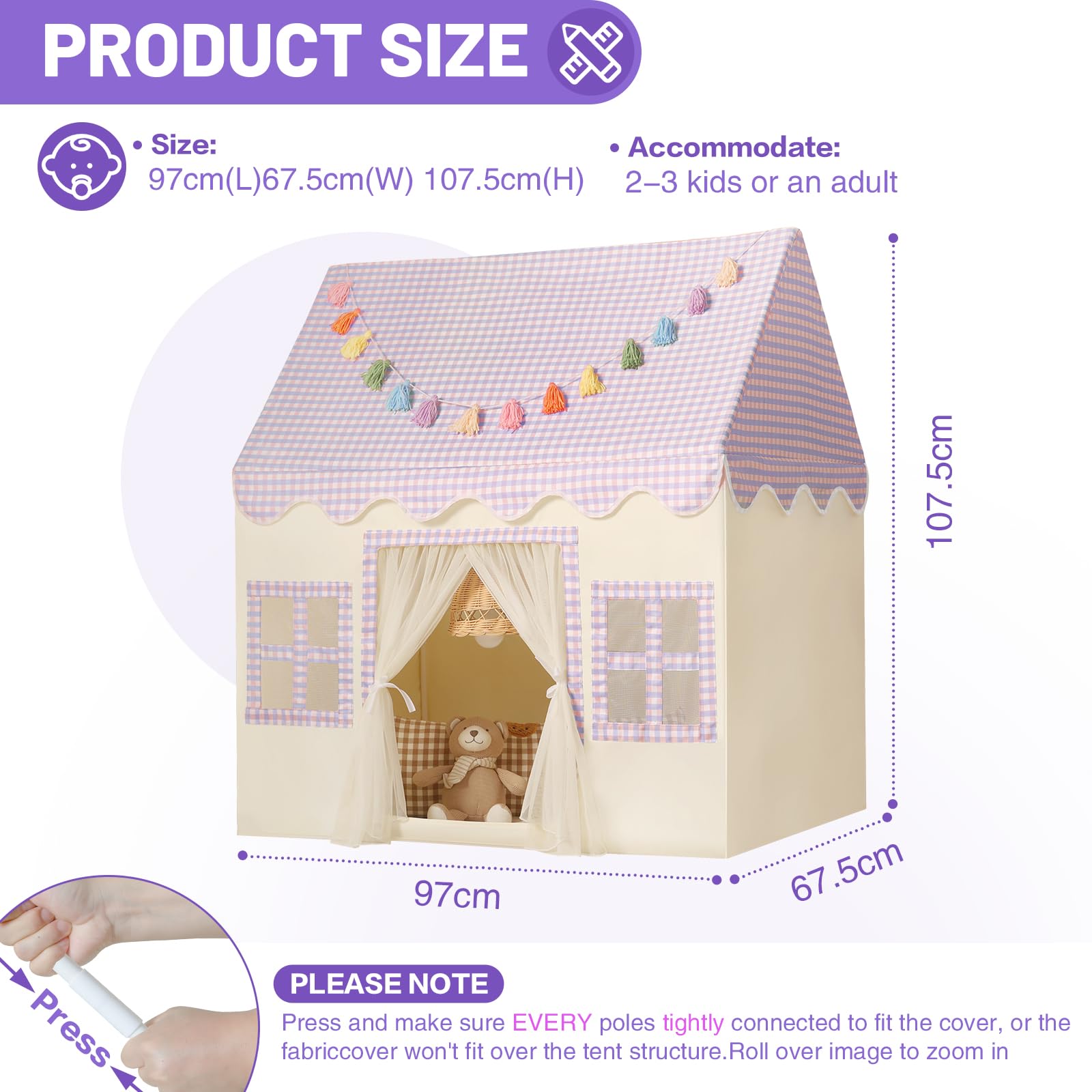 Wilwolfer Kids Play Tents Indoor: Princess PlayHouse with Purple Checkered & Padded Mat & Colorful Tassel Garland - Image 3