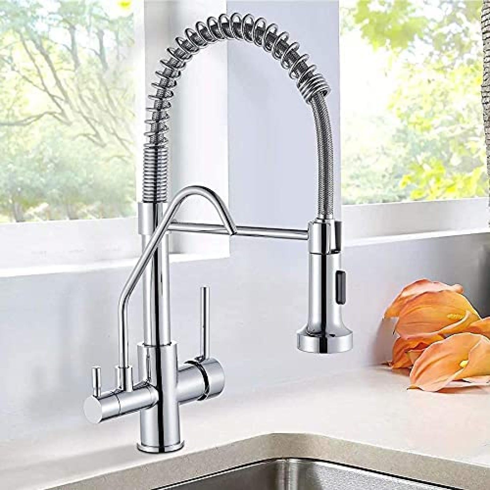 Rubinetto per filtro dell'acqua a 3 vie Miscelatore per lavello da cucina con doccia estraibile Lavello a doppia leva Bocca girevole a 360 gradi in ottone Cromo lucido-cromo