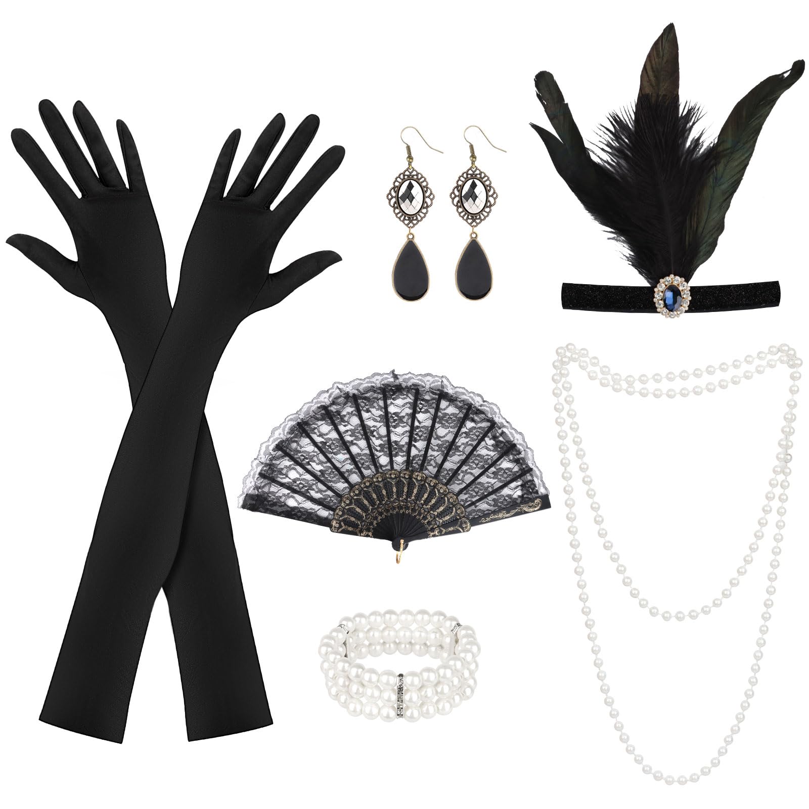 20er Jahre Accessoires, 6 Stück 1920 Zubehör Set, 20er Jahre Kostüm Damen, Great Gatsby Accessoires Damen mit Flapper Stirnband Handschuhen Perlenkette Ohrringen Handheld-Requisiten für Abschlussball
