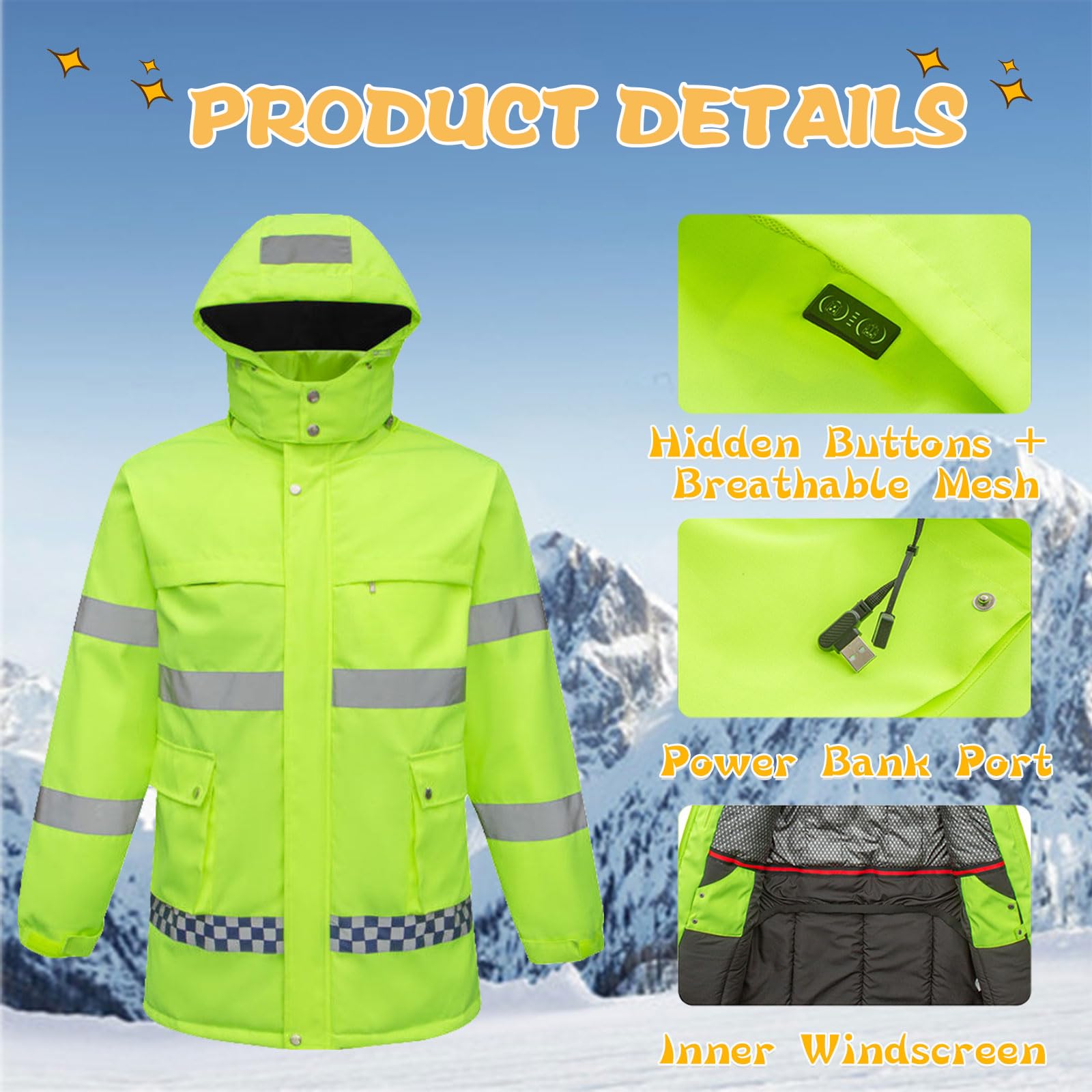 Ocieplana kurtka odblaskowa typu bomber, kurtka z ogrzewaniem, odzież robocza o wysokiej widoczności, kurtka ochronna, odzież robocza z ogrzewaniem, wodoodporna kurtka robocza.