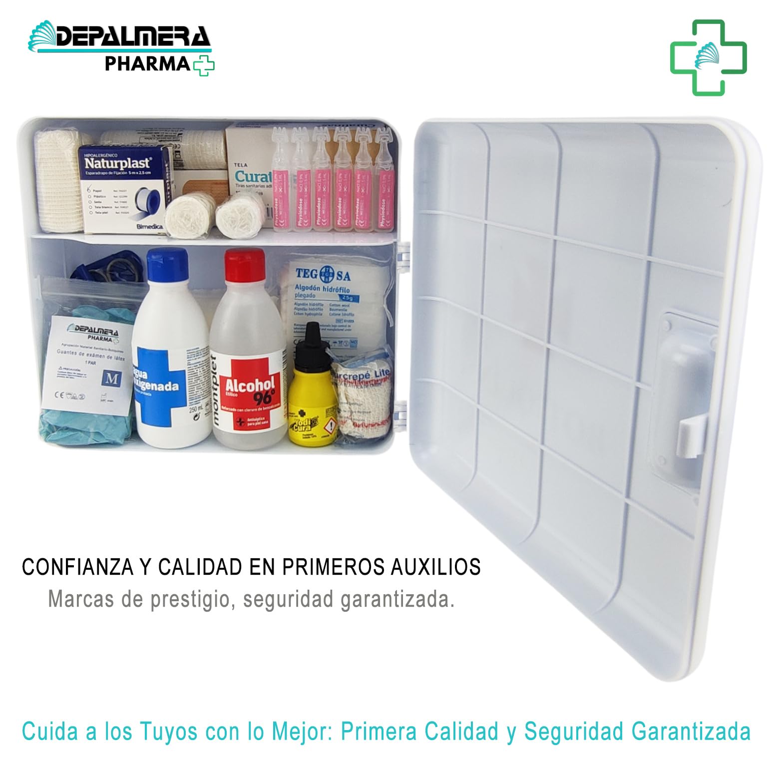 Pharma✙ Botiquin Armario de pared Primeros Auxilios para el Hogar y el Trabajo, BotiquÍn Primeros Auxilios para Casa Oficina con Guantes, Vendas, Gasas, Algodón, Tijeras, Tiritas