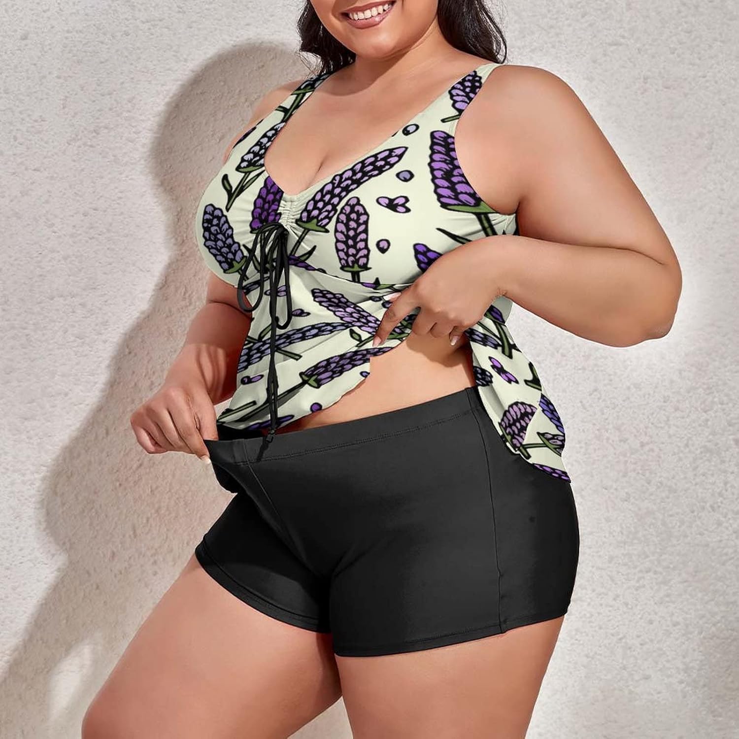 2 Piece Plus Size Tankini Swimsuit for Women Lavender Flower Bathing Suits with Shorts Tummy Control Swimwear