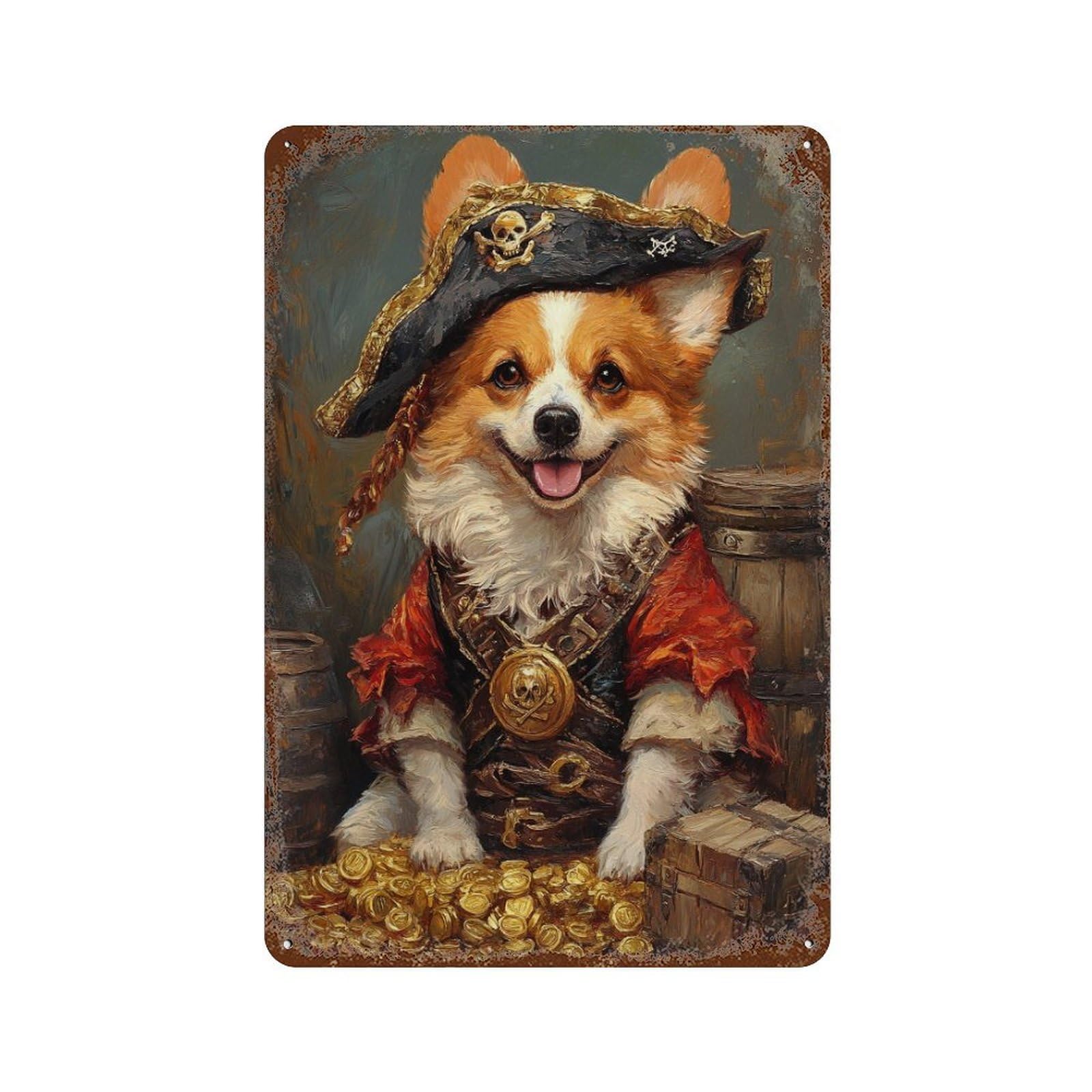 Pirate Dog Treasure Chest-86 11.8"x7.9" Decorative Tin Sign, Farmhouse Wall Decor for Farmhouse, Kitchen And Entryway Decor