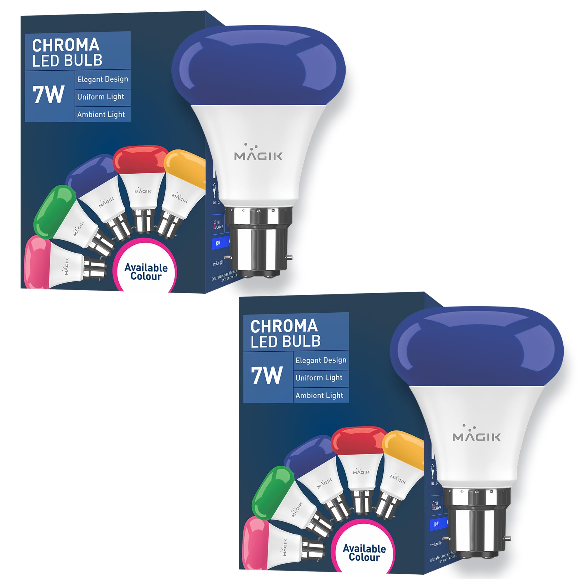 MAGIK Chroma 7W (Blue) LED Bulb | B22 Base | Vibrant Decorative Light for Home, Festive & Party Lighting | Energy Efficient | Pack of 2