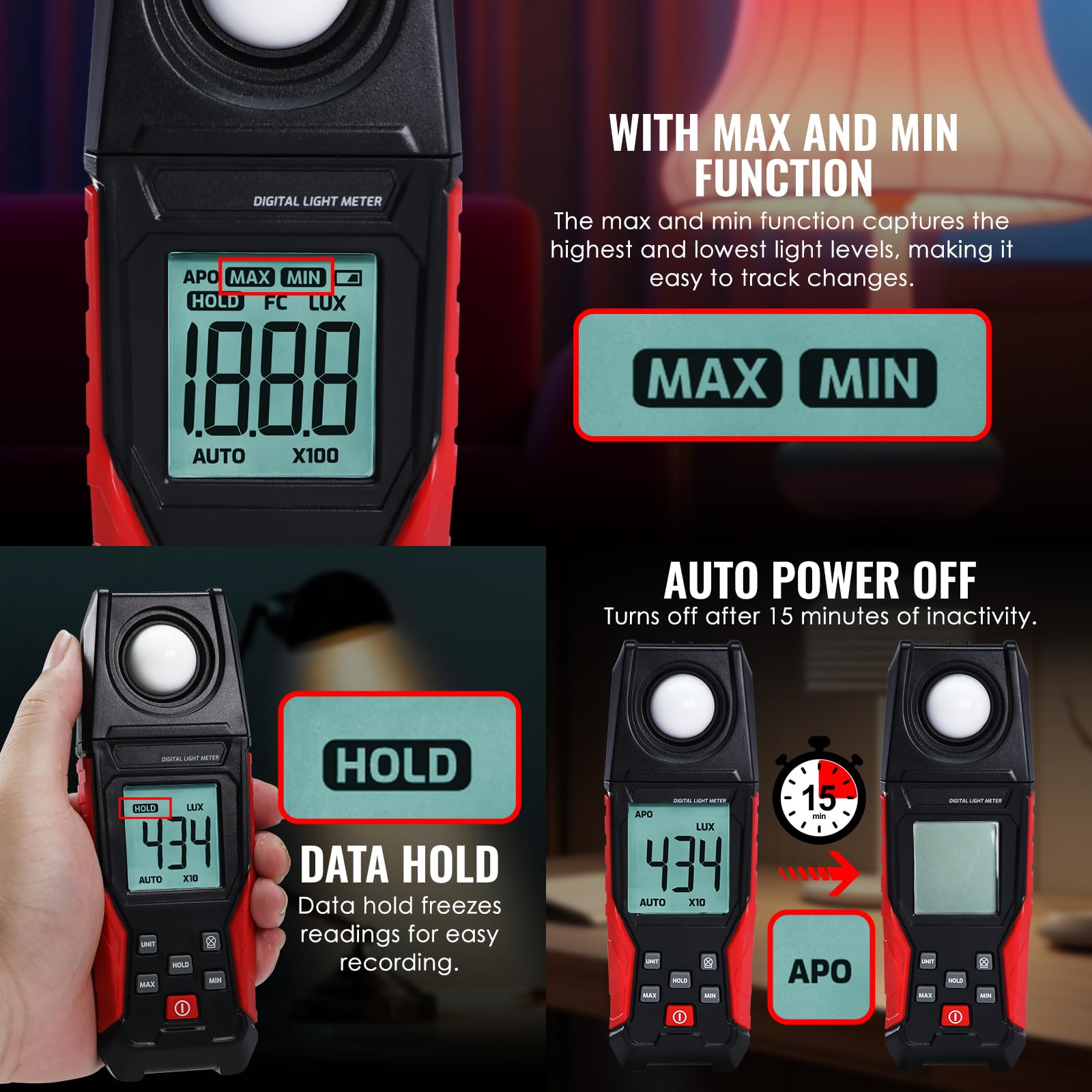 Luxmetro digitale 0,01-200,000 Lux per LED, piante, fotografia, luminanza, candele per piedi, alta precisione, sensore di illuminazione portatile, display LCD, gamma automatica, batteria inclusa