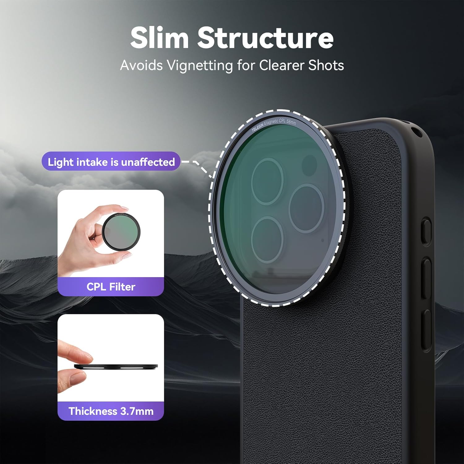 TELESIN° Magnetic Circular Polarizers Filter, 58 MM Phone CPL Filter + Magnetic Phone Case for iPhone 15 Pro Max, Mutil Resistant Coated Super Slim CPL Lens Filtter with HD Optical Glass