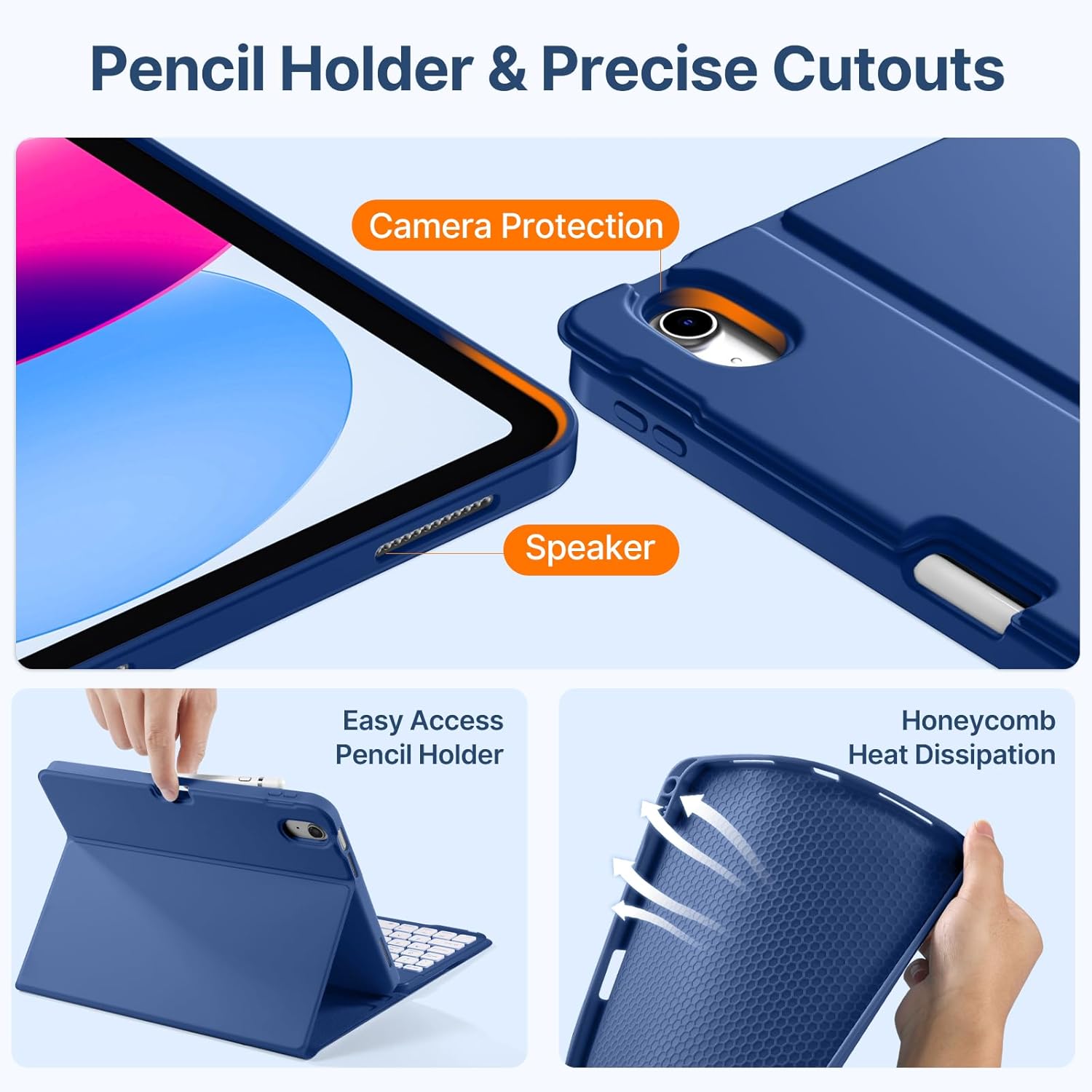 Wenlaty for iPad (A16) 11th/10th Generation Case with Keyboard - Detachable Wireless, Thin & Light Folio Keyboard Cover with Pencil Holder, for iPad 11-inch 11th 2025/10.9-inch 10th 2022, Navy Blue