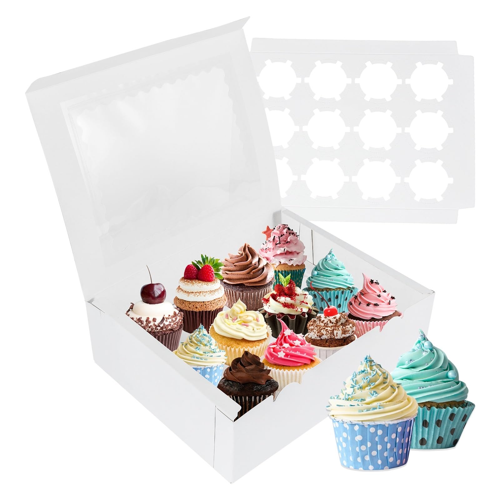Recipiente para guardar tartas, Cajas de papel for cupcakes de 12 cavidades con ventana transparente, 32,5 x 25 x 9 cm, multicolor, paquete de 12(Pink)