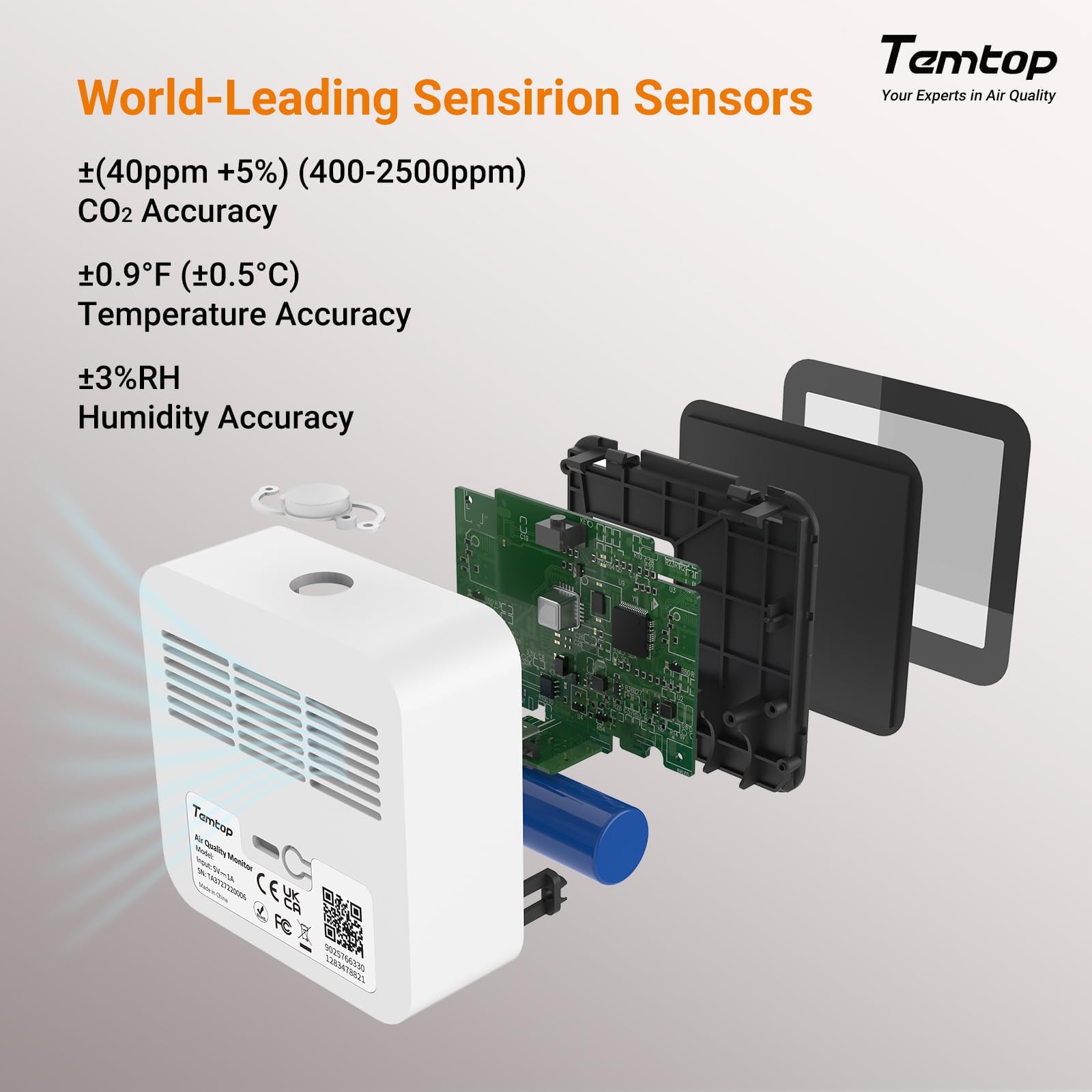 Temtop Misuratore di Qualità dell'Aria con Rilevamento CO2, Bluetooth, Monitoraggio in Tempo Reale, Termoigrometro per Interni C10 2ND