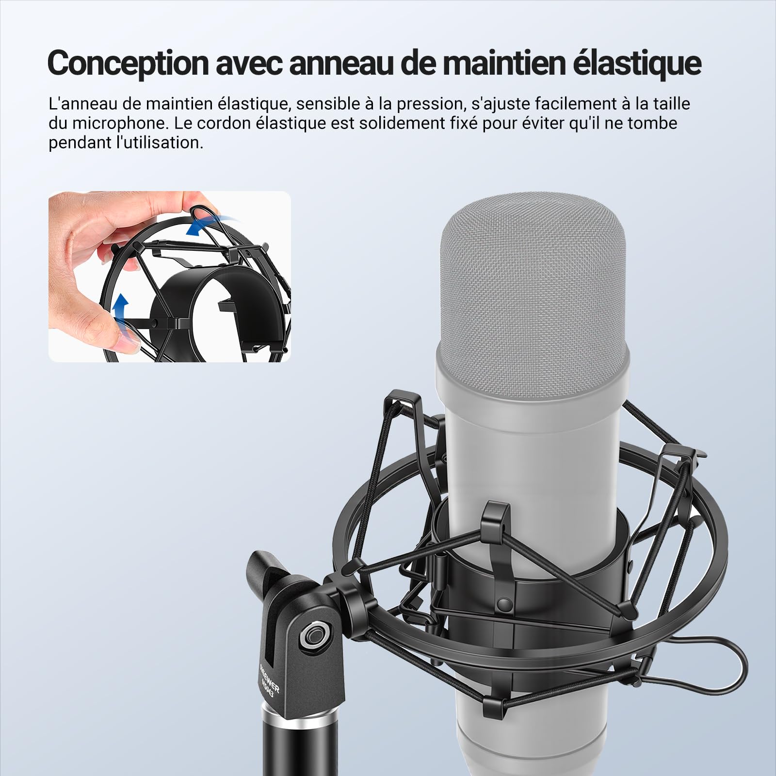 NEEWER Support Antichoc pour Micro,Fixation pour Pied et Boom Arm avec Cordons élastiques et Adaptateur à Vis 3/8" à 5/8", Compatible avec Microphone de 60 à 65mm de Diamètre (2,4" à 2,6"), MS043