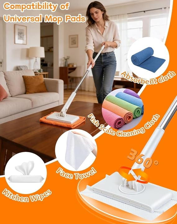 Snap Grip Mini Mop, Zero Touch Mini Mops, Gap Dust Cleaner Flat Mops with Locking Head & Sweeping Cloths, 92cm Long Handle Mopping Sweeper Stick for Multi Cleaning (1*mop+5*Cloth) 7-14 Days delivery
