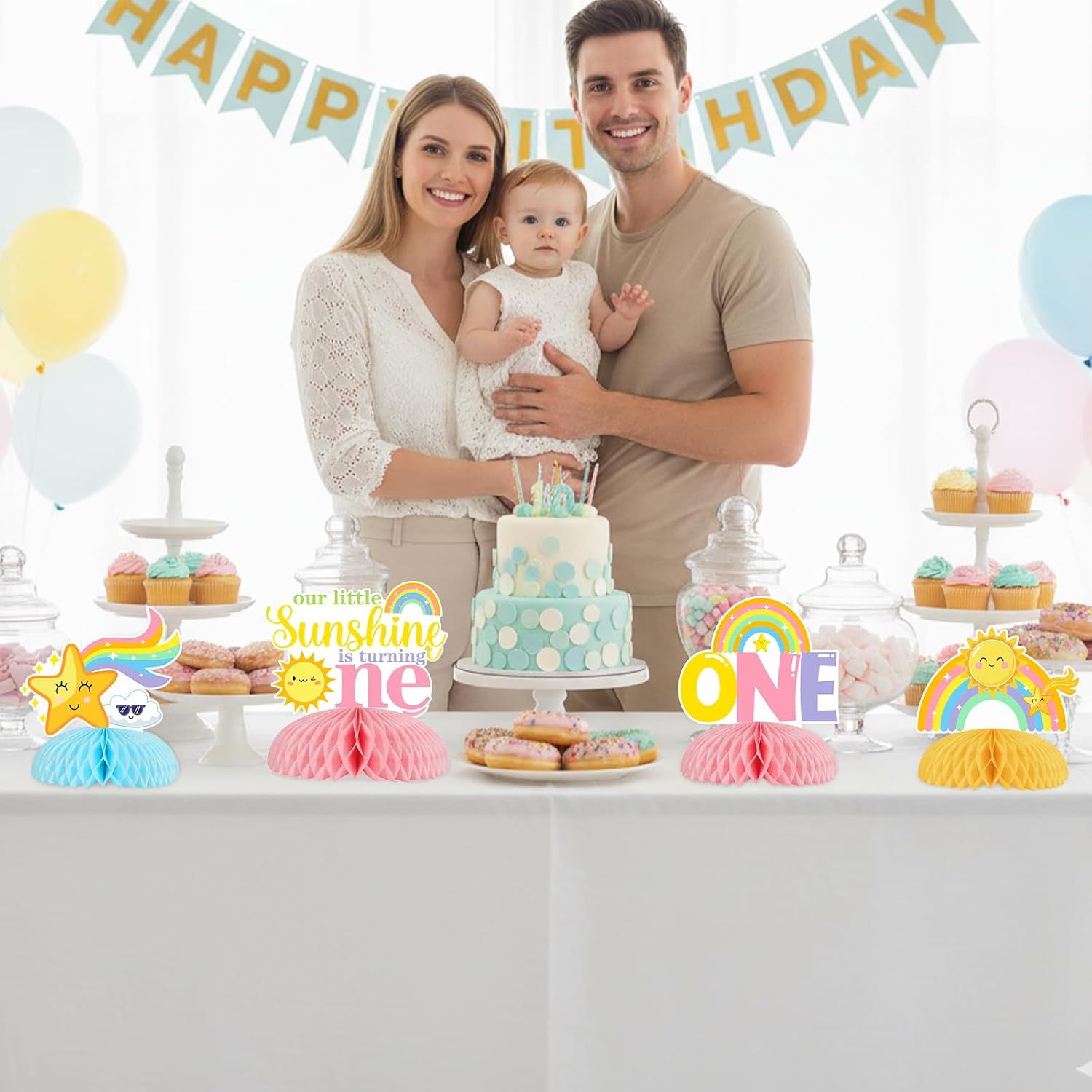 8Pcs Sunshine Rainbow 1st Birthday Honeycomb Centerpieces - Sun Happy First Birthday Table Toppers Decorations, Our Little Sunshine is Turning One Party Supplies