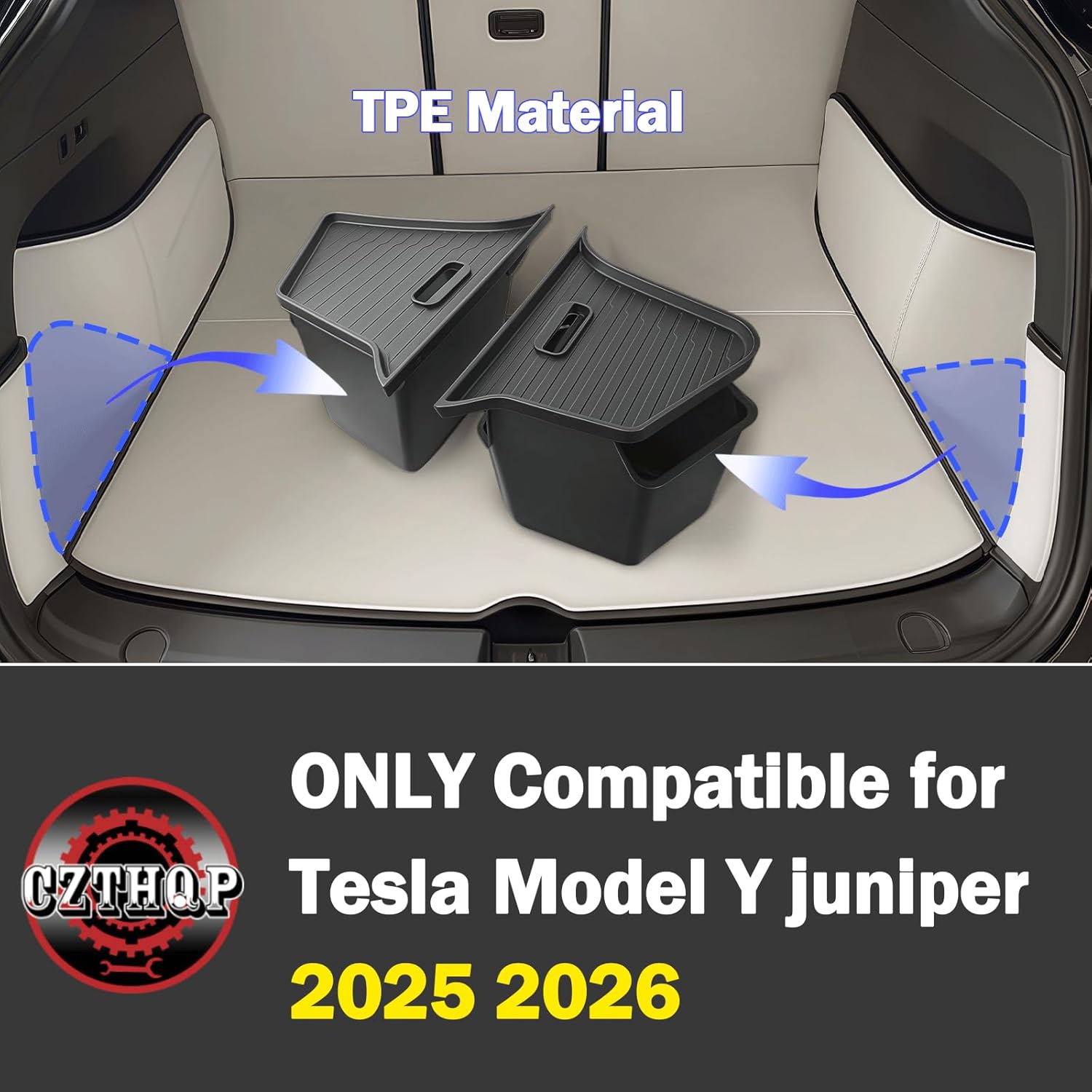 Trunk Storage Bins with TPE Lids Compatible with 2025 2026 Tesla Model Y Juniper , 2 PCS TPE Waterproof Trunk Side Storage Box Organizer Fit Tesla Model Y Accessories