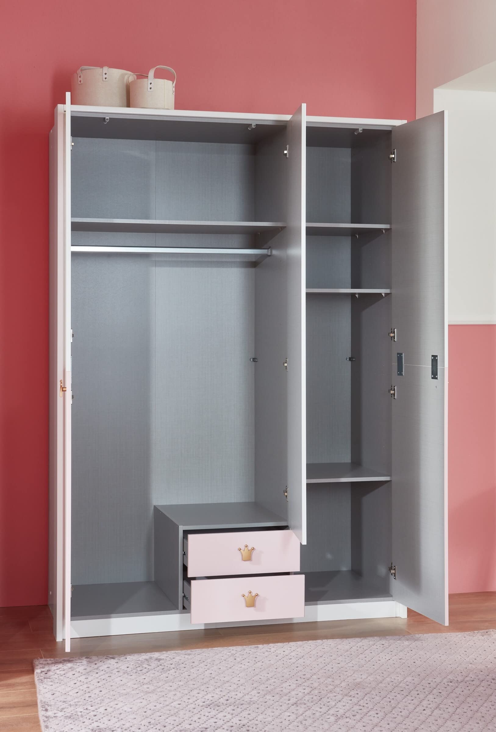 möbelando Kleiderschrank CINDY2 139x199x58 cm Weiss Rose